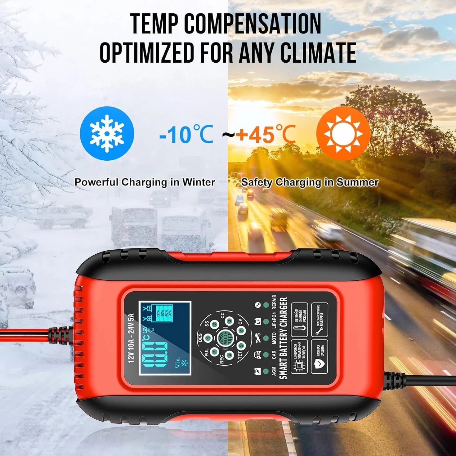 Ładowarka do akumulatora samochodowego, 12 V/24 V 10 A, w pełni automatyczna, inteligentna ładowarka podtrzymująca, ekran LCD, w pełni automatyczna ładowarka do samochodu, motocykla, kosiarki lub łodzi (czerwona)’