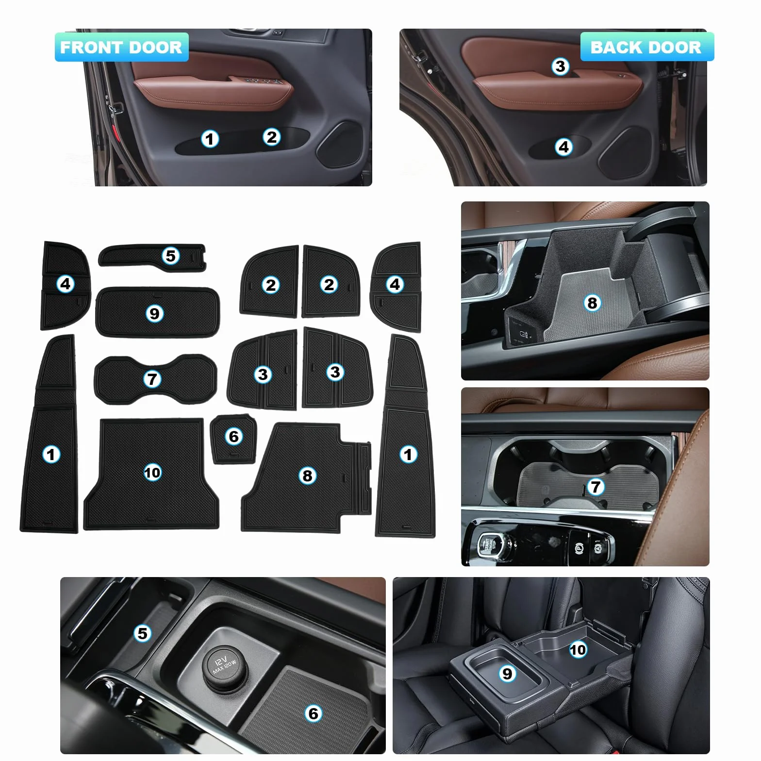 CDEFG Dywaniki gumowe kompatybilne z Volvo XC60 Hybrid Recharge 2018-2024 2025, maty gumowe, do konsoli środkowej, maty antypoślizgowe, uchwyt na kubek, gumowa mata na podłokietniki, akcesoria XC60