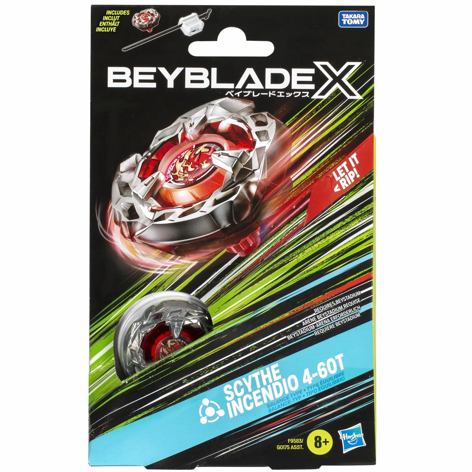 Pakiet startowy Beyblade X Scythe Incendio 4-60T, bączek i wyrzutnia