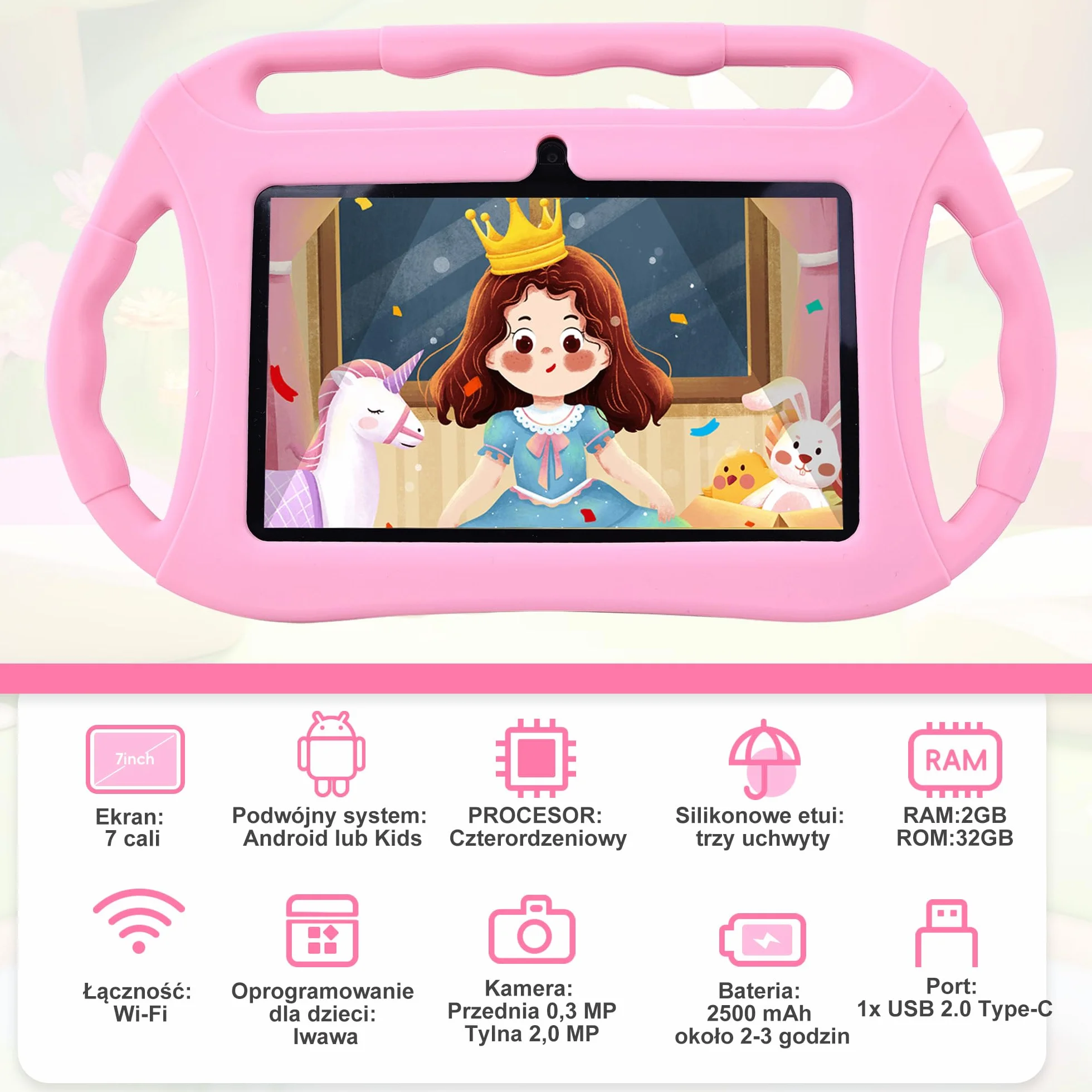 Veidoo Tablet dla Dzieci 7 Cali, 2GB RAM 32GB ROM, WiFi, Ekran IPS, Kontrola Rodzicielska, Gry, Edukacyjny Tablet dla Maluchów(Różowy)