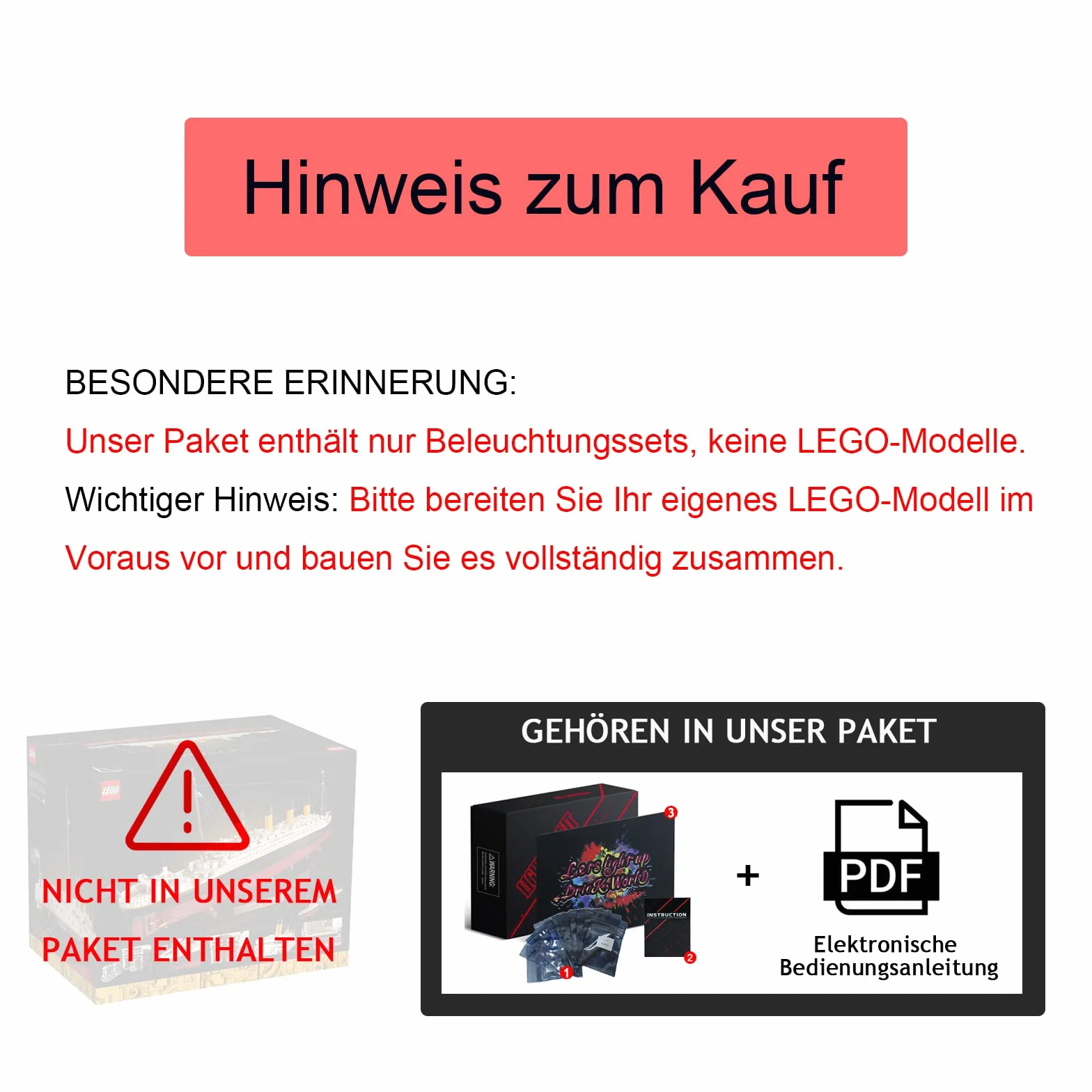 BrickBling Zestaw oświetleniowy LED, kompatybilny z zestawem klocków Lego Creator Expert Titanic 10294 (bez modelu), zestaw oświetleniowy DIY do statku Titanic dla 10294 – wersja ulepszona