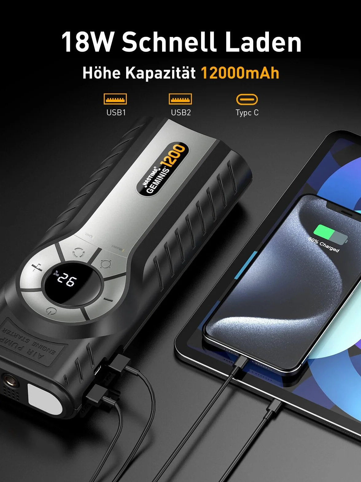 NASTIMA Rozrusznik samochodowy Powerbank ze sprężarką powietrza 4w1 QC18W do silnika benzynowego 8L 6L latarka LED