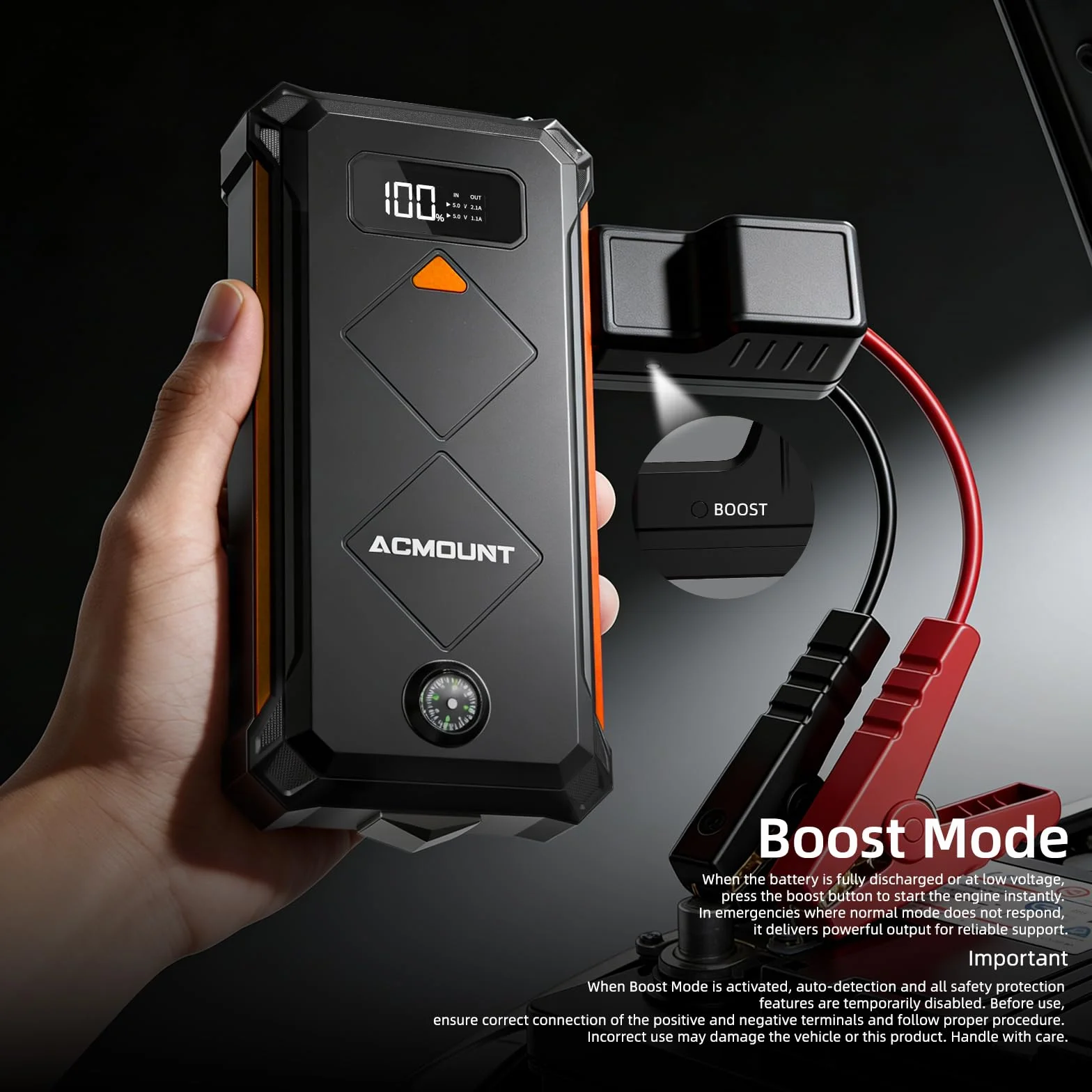 Acmount Powerbank Rozruchowy, 7000A Samochodowy Powerbank Rozruchowy do Osobowych, Rozrusznik (Do 12L Benzyna/10L Diesel), Booster Baterii z Latarką LED, Kablami Rozruchowymi, USB i Kompasem