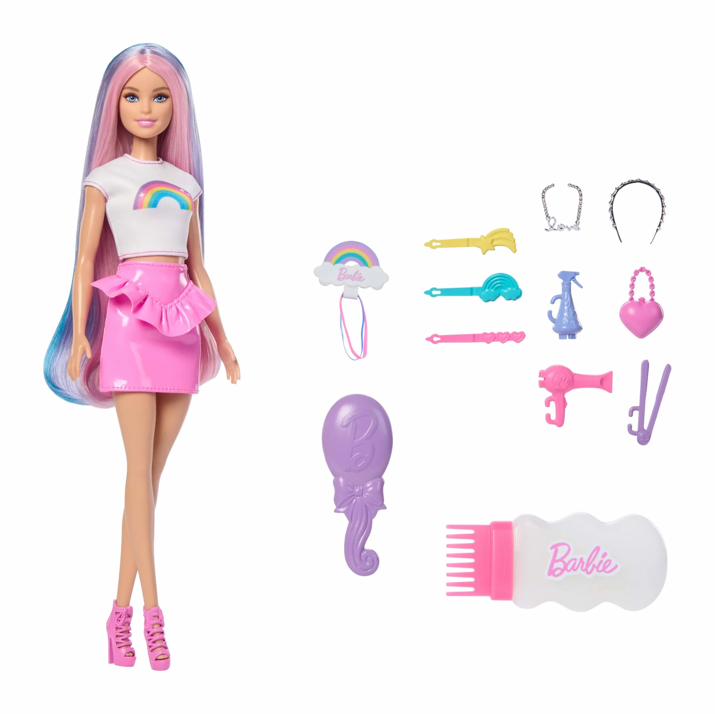 Barbie Lalka Tęczowe brokatowe włosy Zestaw, bardzo długie kolorowe włosy, 12 akcesoriów do stylizacji, w tym aplikator z brokatem, szczotka, spinki, suszarka do włosów, zabawka dla dzieci 3+, JJP07