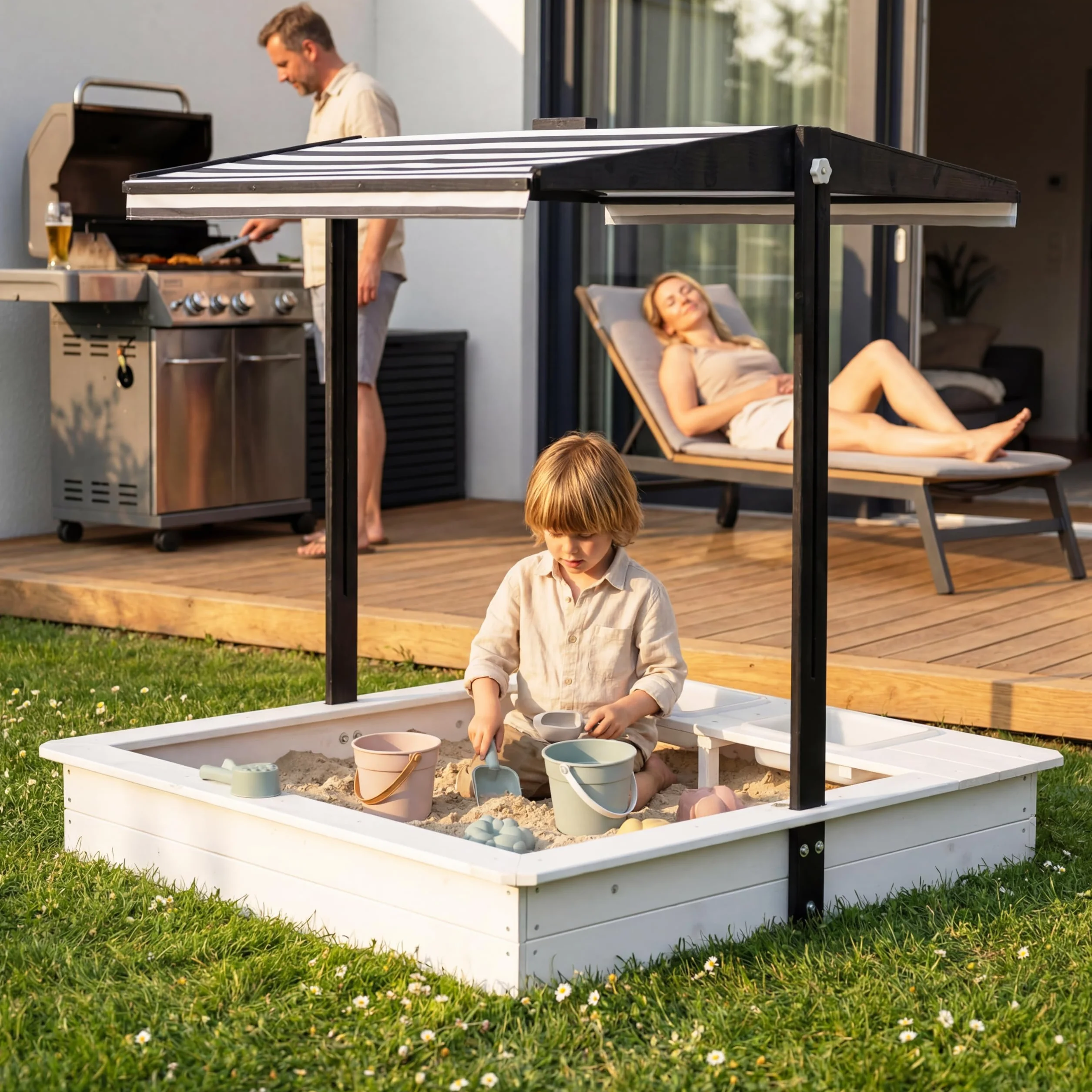 Design piaskownicy z błotną kuchnią, dach, koc Oxford 420D, filcem, kwadratowa drewniana piaskownica do ogrodu dziecięcego, czarno-biała
