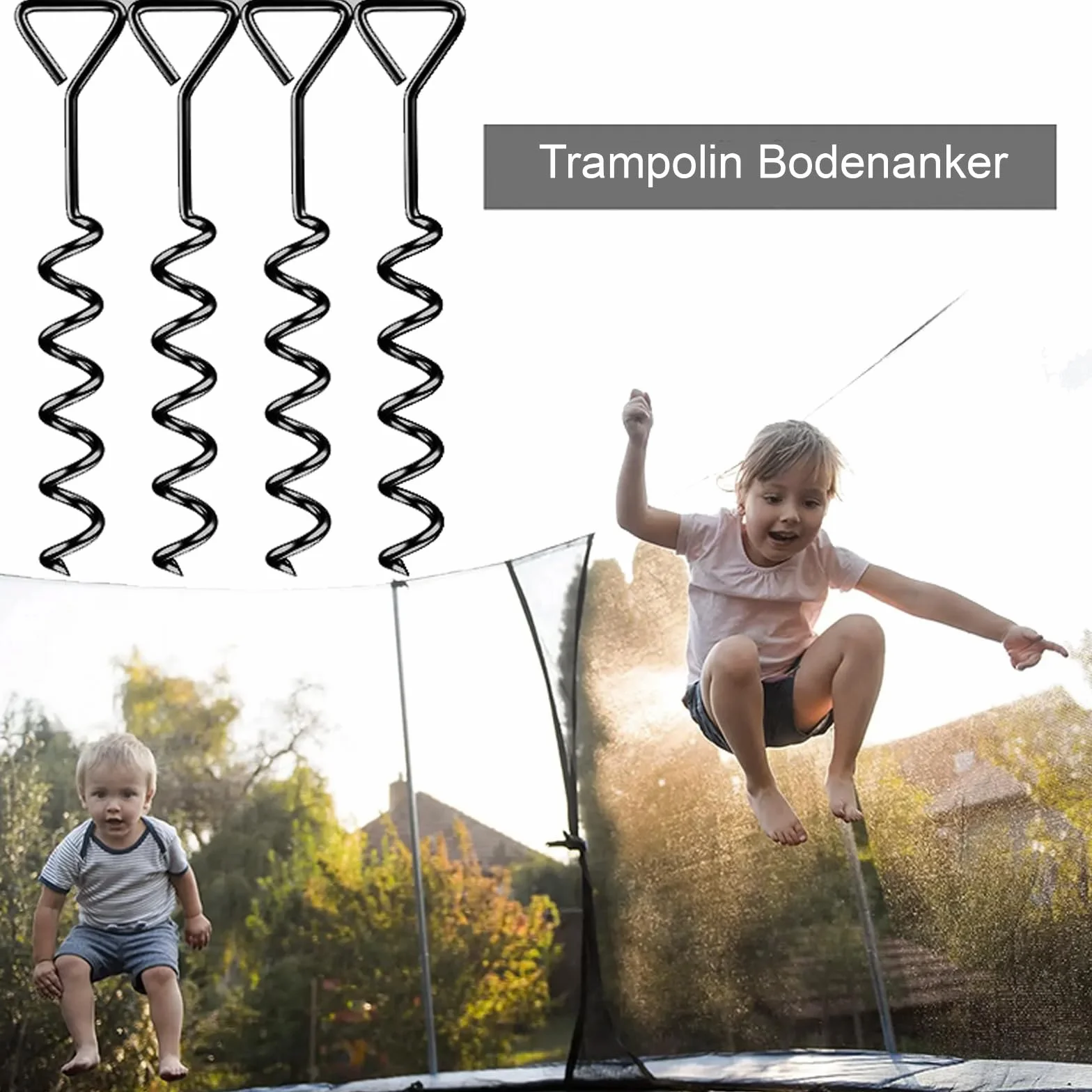 Kotwy gruntowe do trampoliny do wkręcania – bardzo bezpieczny zestaw kotew – wykonanie premium – mocowanie do gruntu kotwy burzowe – regulowany pas 2,40 m – odporne na rdzę