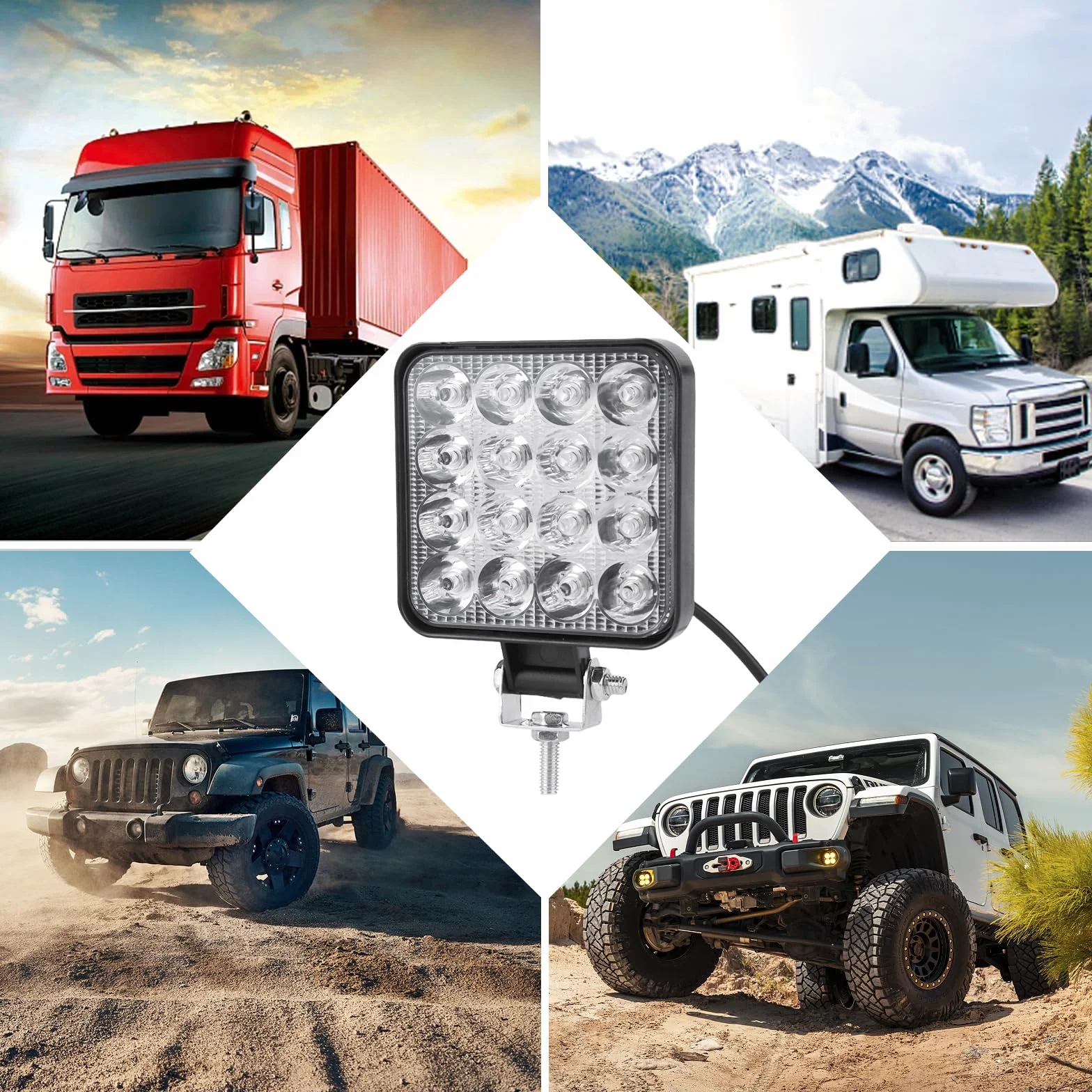 6 Sztuk Reflektorów Roboczych LED: 48 W, Kwadratowe, Offroad, Dodatkowy 12 V, 1200 lm, IP65, Do Koparek, Traktorów