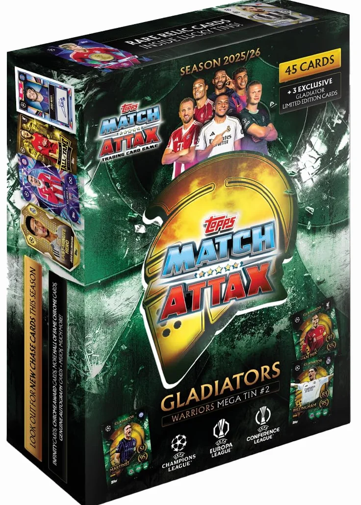 Topps UCC Match Attax 2025/26 – Mega Tin – Warriors – zawiera 45 kart Match Attax Plus 3 ekskluzywne karty Gladiators LE.