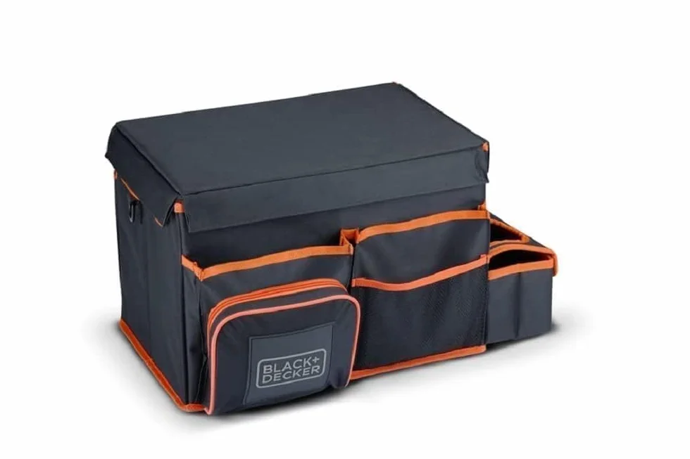 BLACK+DECKER Organizer do bagażnika 47,5x25x30 cm z paskiem do noszenia uchwyt na napoje szary pomarańczowy