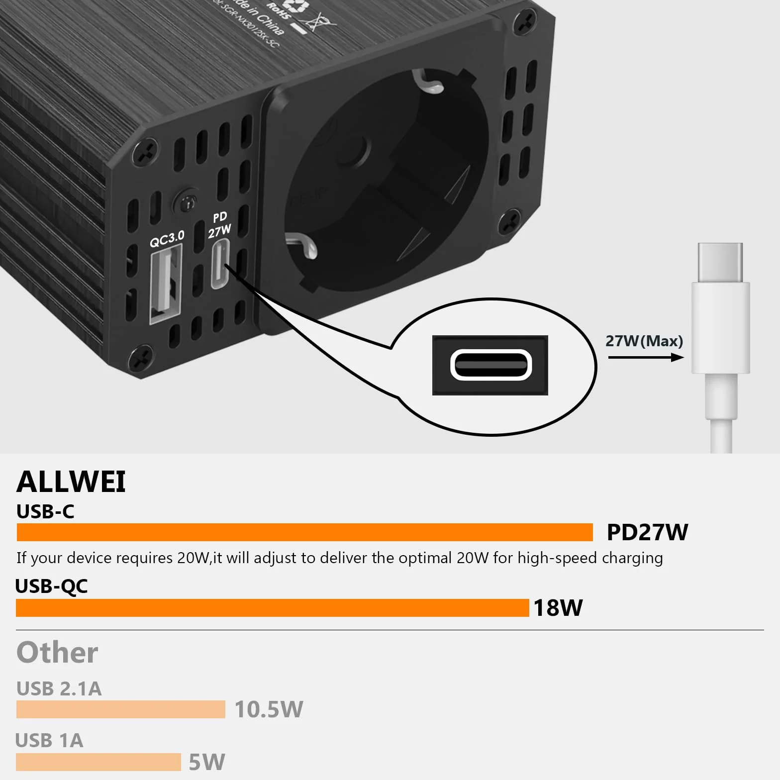 ALLWEI Przetwornica napięcia 300 W, 12 V na 230 V, przetwornica napięcia z przyłączem typu C i USB, inwerter 12 V 220 V, gniazdo samochodowe do samochodu, ładowania telefonów komórkowych, laptopów i