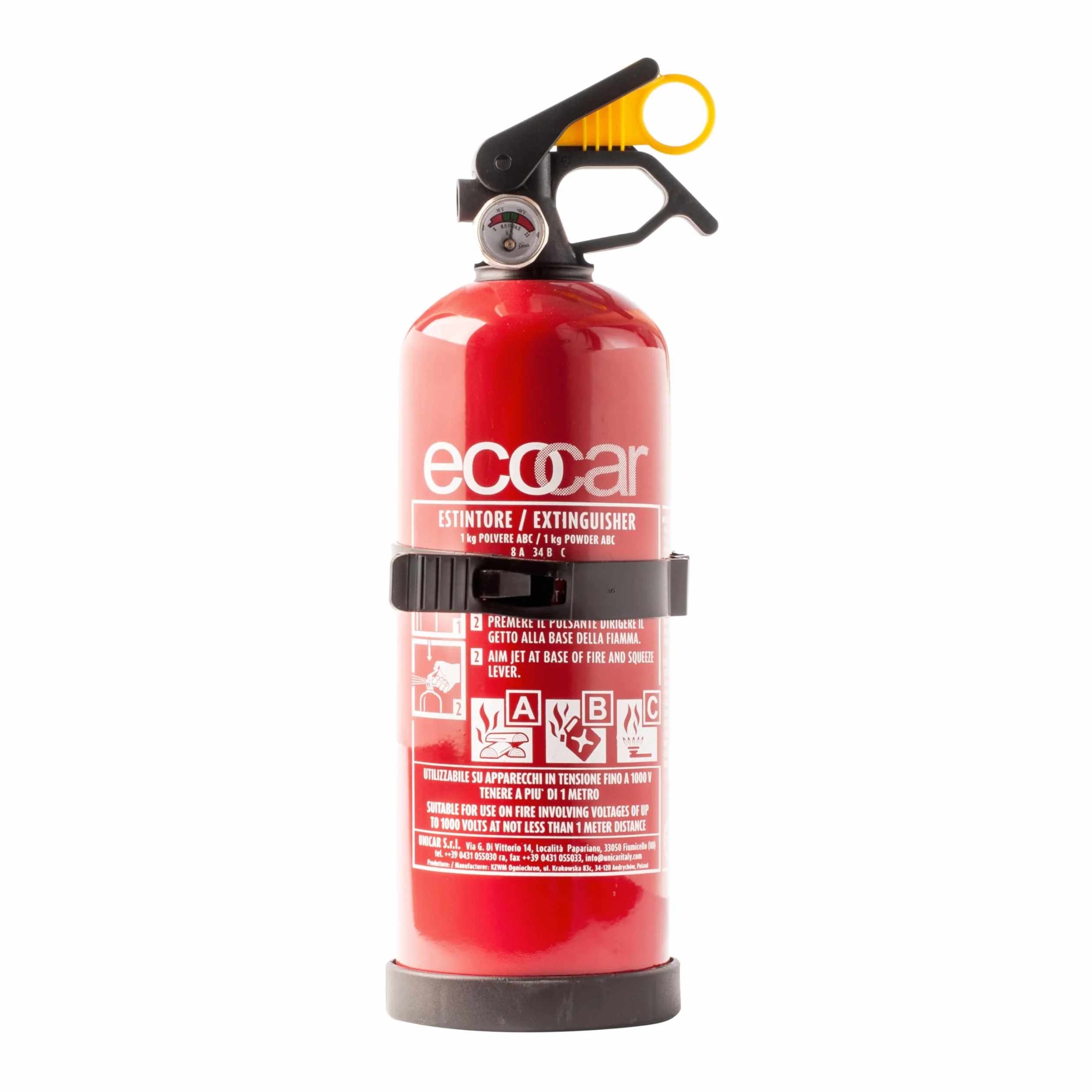 ecocar Gaśnica proszkowa 1 kg z certyfikatem EN3 do samochodu, domu i kampera, z manometrem i uchwytem