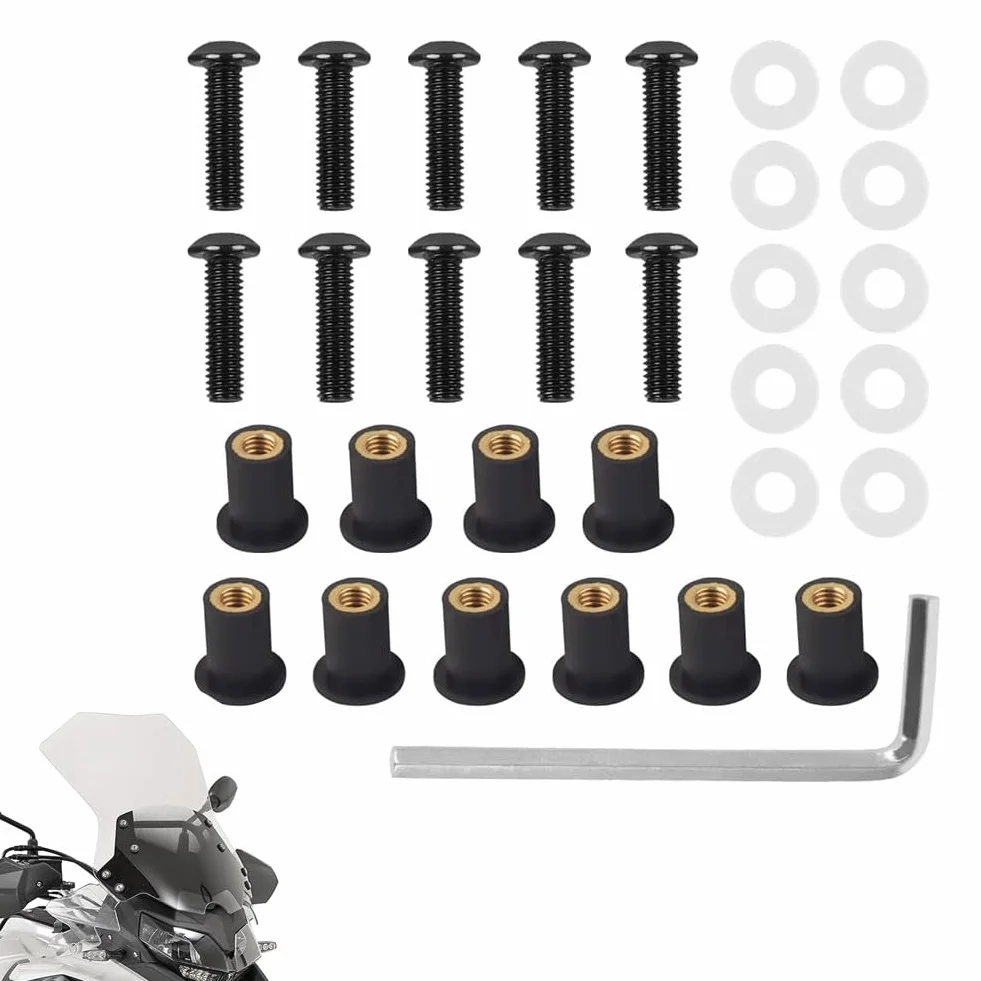 Comioke Śruby mocujące do szyby motocyklowej, M5 x 16 mm, śruby do szyby przedniej, 10 sztuk śrub i śrub do przedniej szyby, wkrętaka, osłony przed wiatrem