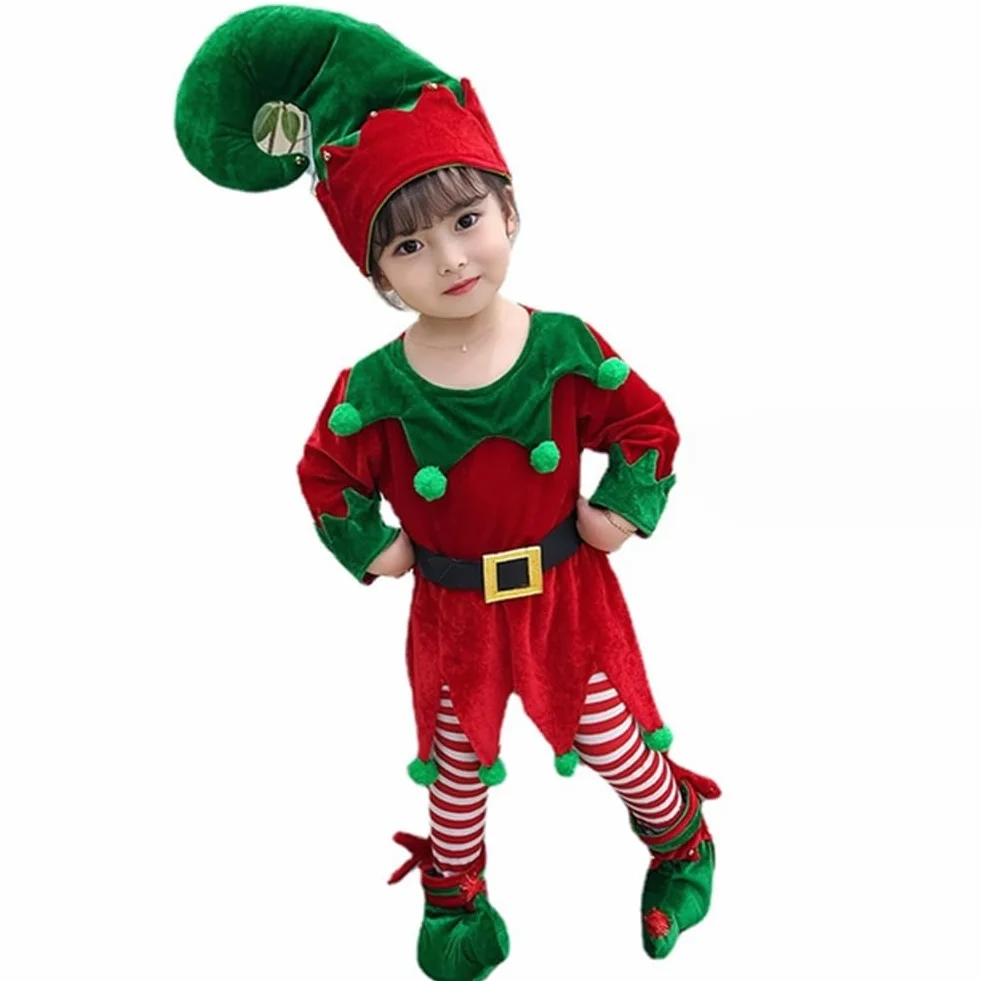 Proumhang 5 Pack Dziewczyny Kobiety Świąteczny Elf Kostium Zestaw,Dziecięcy świąteczny kostium elfów,Aksamitny kostium Pomocnika Mikołaja,Świąteczny strój z elfskim kapeluszem Buty Pasek Pończochy