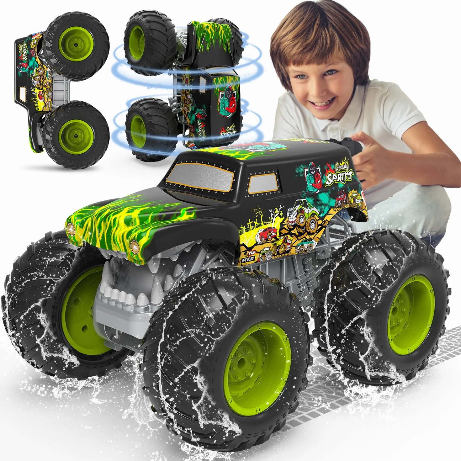 Zdalnie Sterowany Monster Truck 1:16, 2,4 GHz dla Dzieci od 4 Lat - Amfibia z Światła, Robi Wheelie, Staje Dęba, Obroty 360° - Auto RC dla Chłopców i Dziewczynek