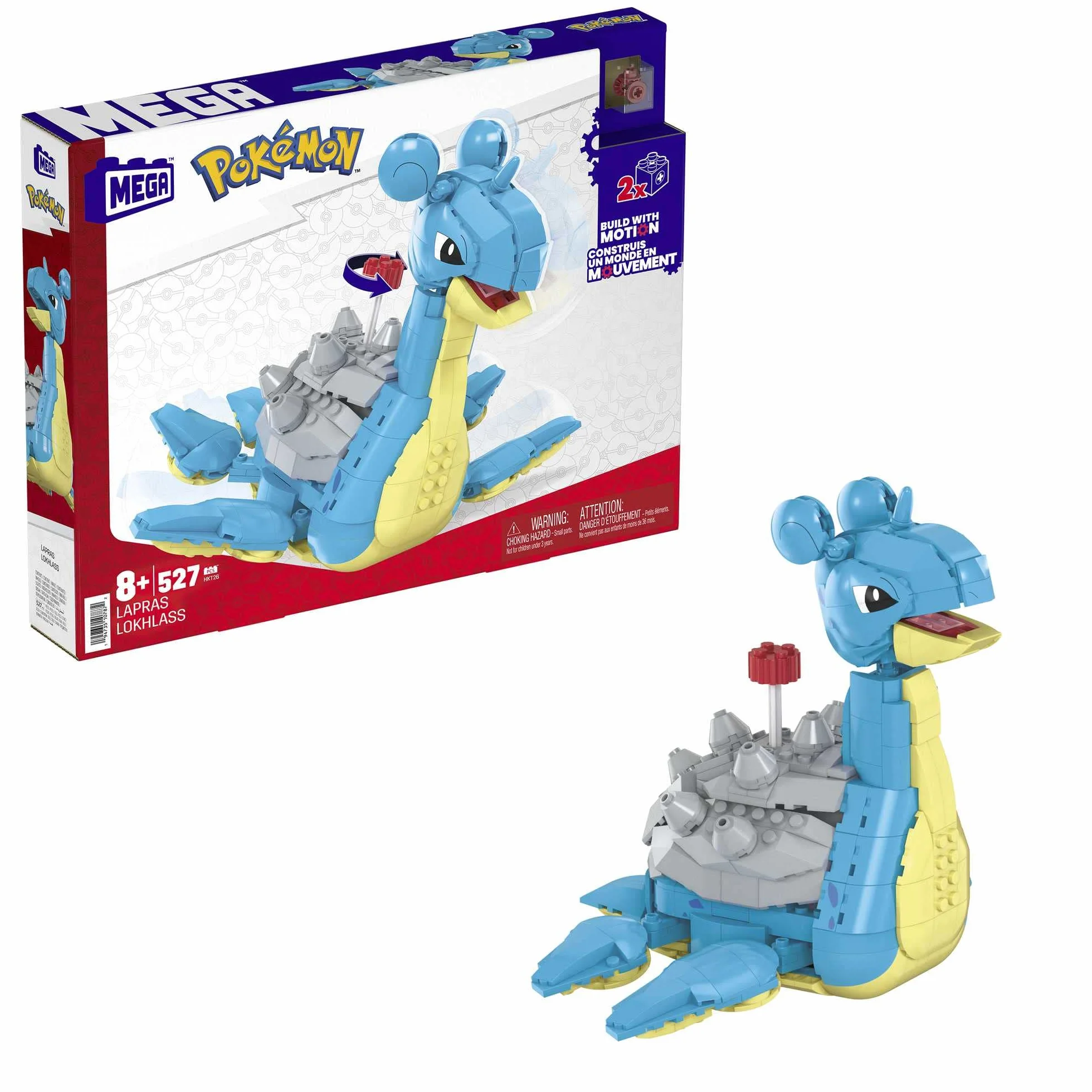 MEGA Pokemon Lapras Zestaw klocków (527 elementów) z funkcją ruchu, do zbudowania i ustawiania w różnych pozach, 17,5 cm wysokości, HKT26