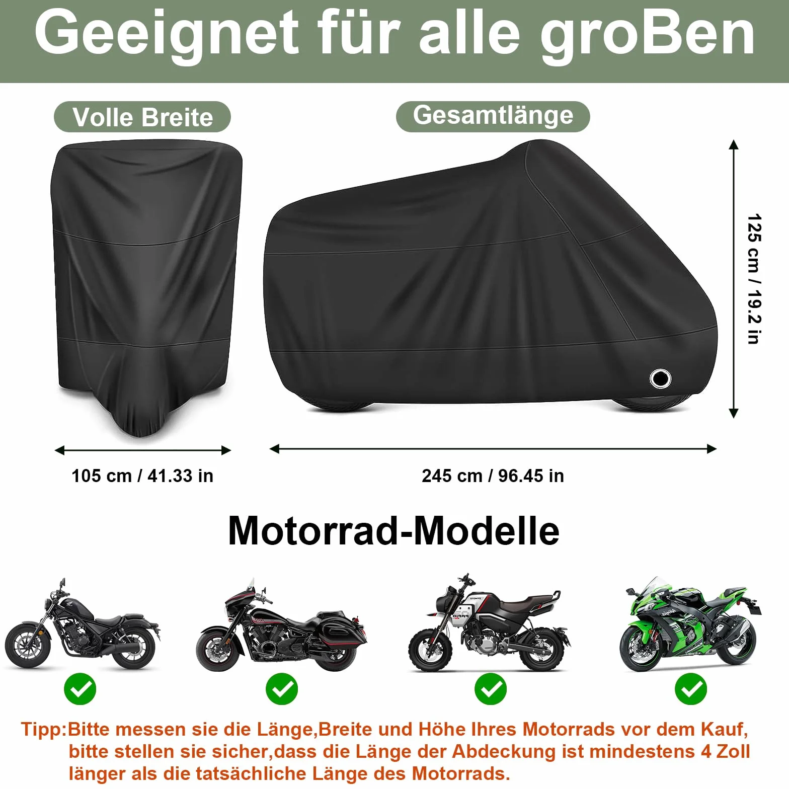 Pokrowiec na motocykl 210D, 245 x 105 x 125 cm, tkanina Oxford na zewnątrz wodoodporny pokrowiec motocyklowy, odporny na wodę, kurz, wiatr, liście, pokrowce na motocykl skuter, skuter itp.