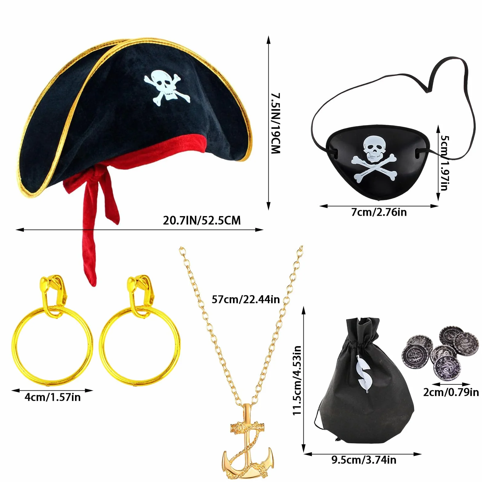 6-częściowy zestaw akcesoriów do kostiumu pirata dla dzieci, zawiera czapkę piracką, opaskę na oczy, naszyjnik, kolczyki, torbę na pieniądze, idealny na Halloween, imprezę, cosplay i motyw