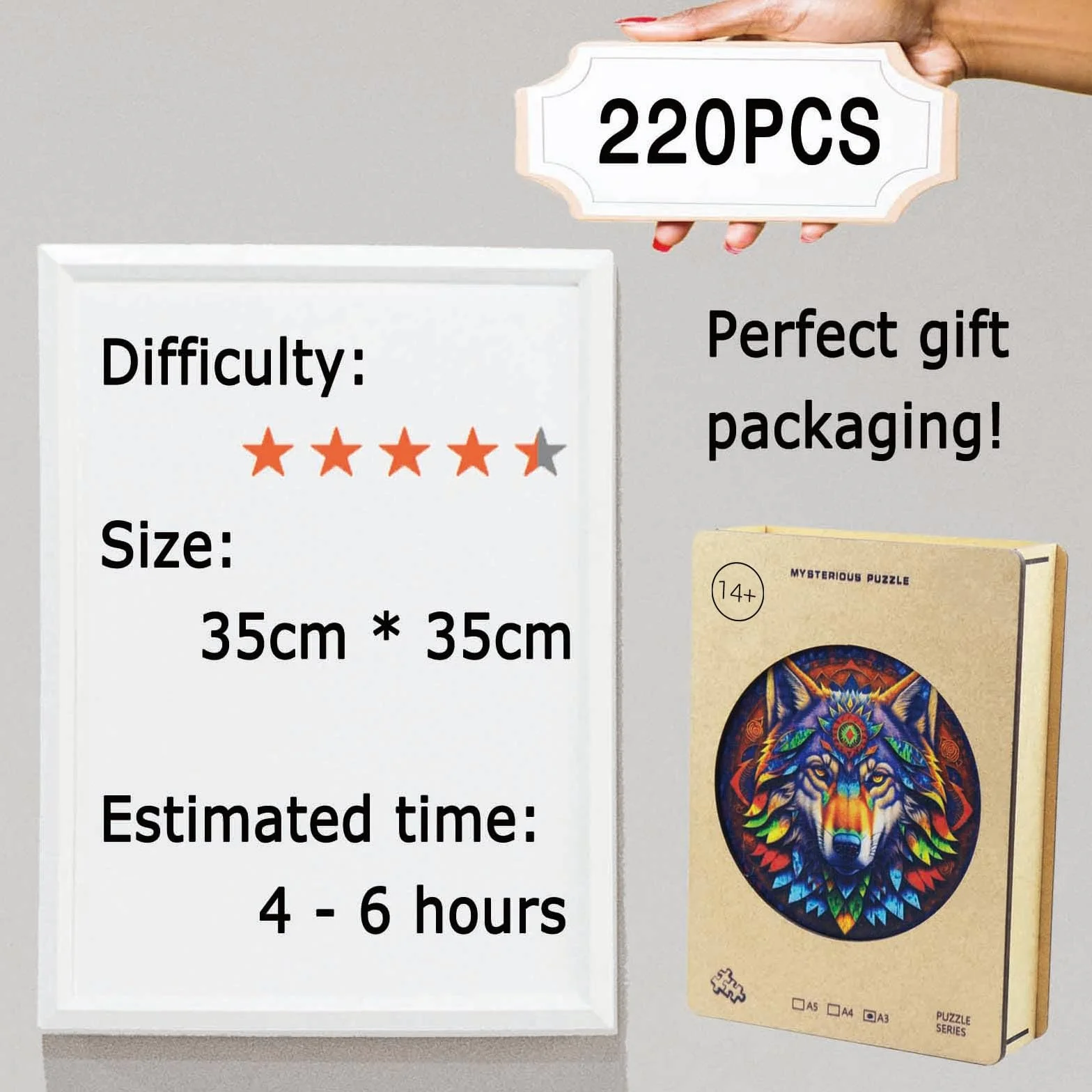 Drewniane puzzle dla dorosłych, wilk, 220 sztuk, nieregularne, jedyne w swoim rodzaju puzzle w kształcie zwierzęcia, drewniane puzzle z pudełkiem na prezent z drewna