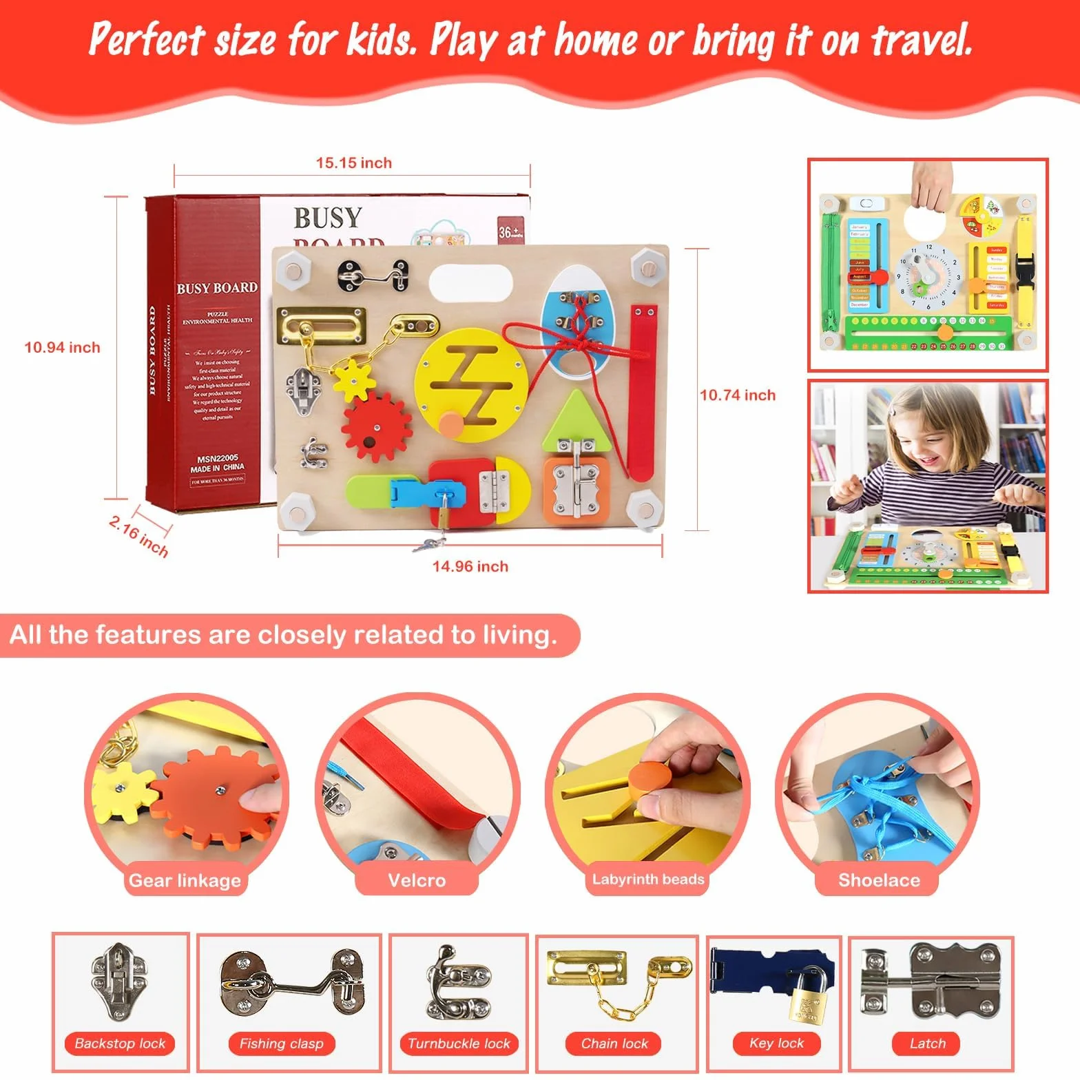 Drewniana tablica aktywności dla małych dzieci, zabawki Montessori dla dzieci w wieku 2, 3 i 4 lat, large double-sided wooden busy board, time learning, fine motor skill, early development