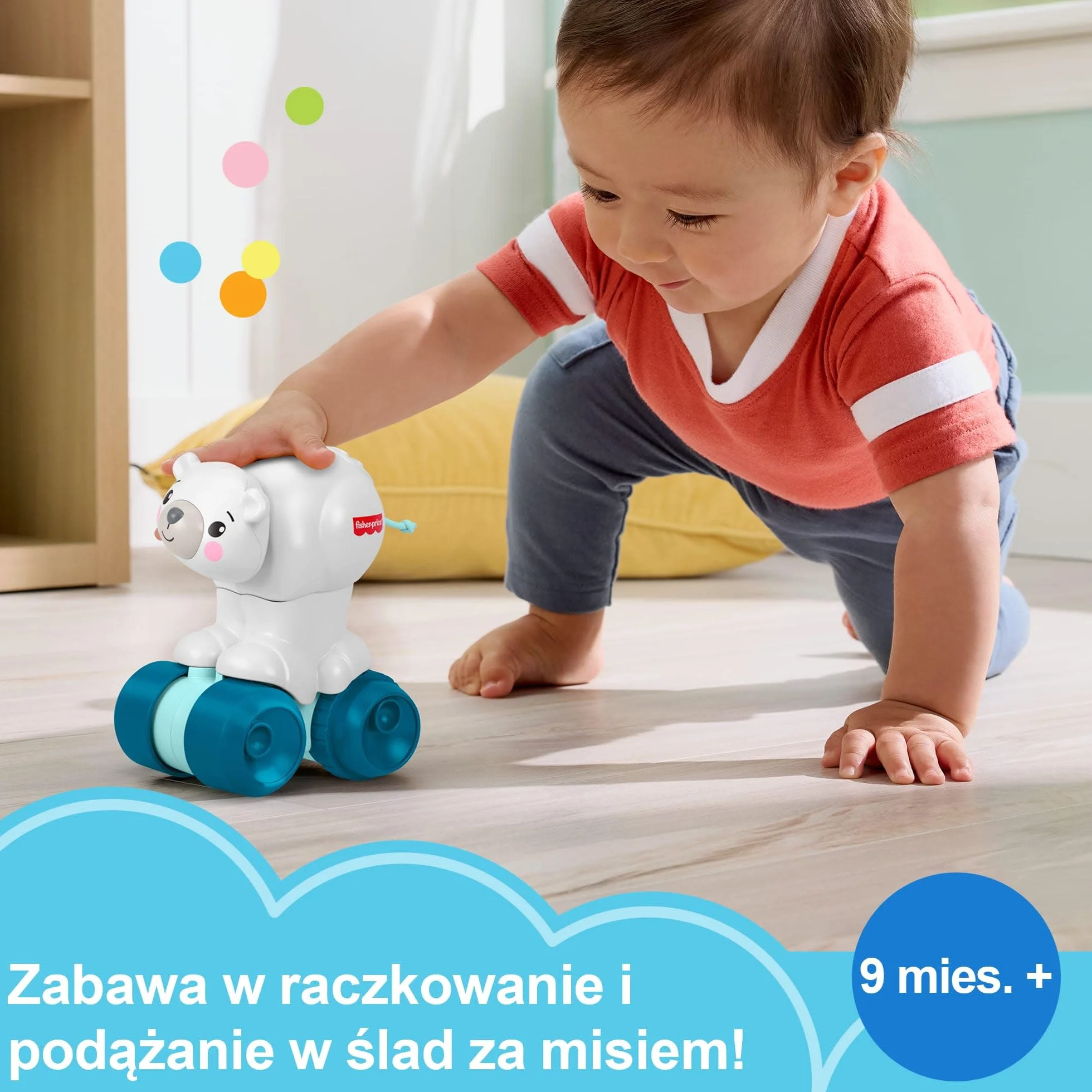 Fisher-Price Miś polarny na kółkach „Raczkuj za mną” Pojazd z motywem zwierzątka, zabawka do nauki raczkowania dla niemowląt od 9 miesiąca życia, JDL63