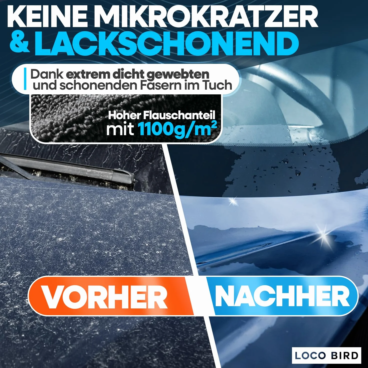 LOCO BIRD Ściereczki z mikrofibry do samochodu 1100 g/m² – bardzo chłonne ściereczki z mikrofibry – puszyste miękkie ściereczki do czyszczenia samochodu – ściereczka z mikrofibry do pielęgnacji