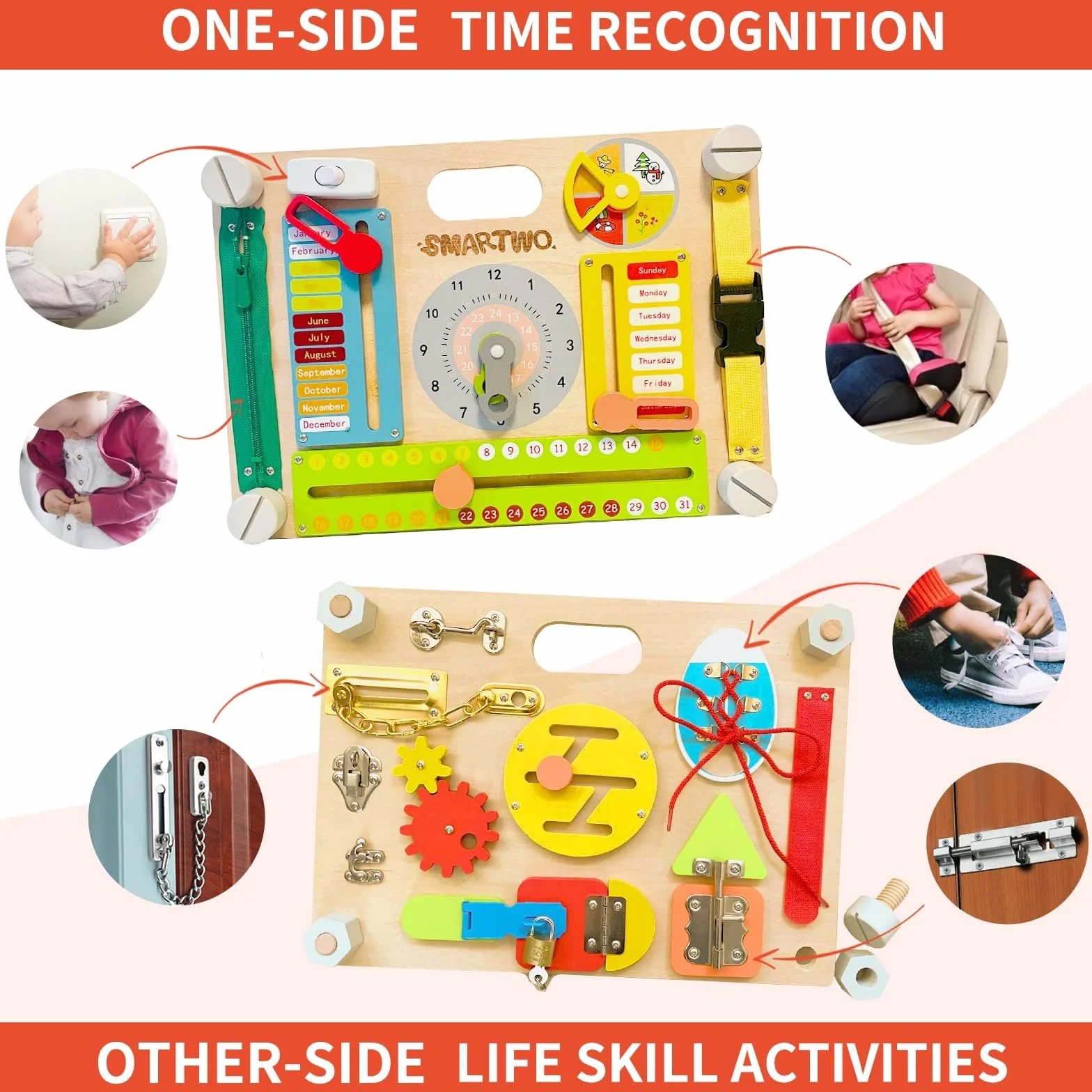 Drewniana tablica aktywności dla małych dzieci, zabawki Montessori dla dzieci w wieku 2, 3 i 4 lat, large double-sided wooden busy board, time learning, fine motor skill, early development