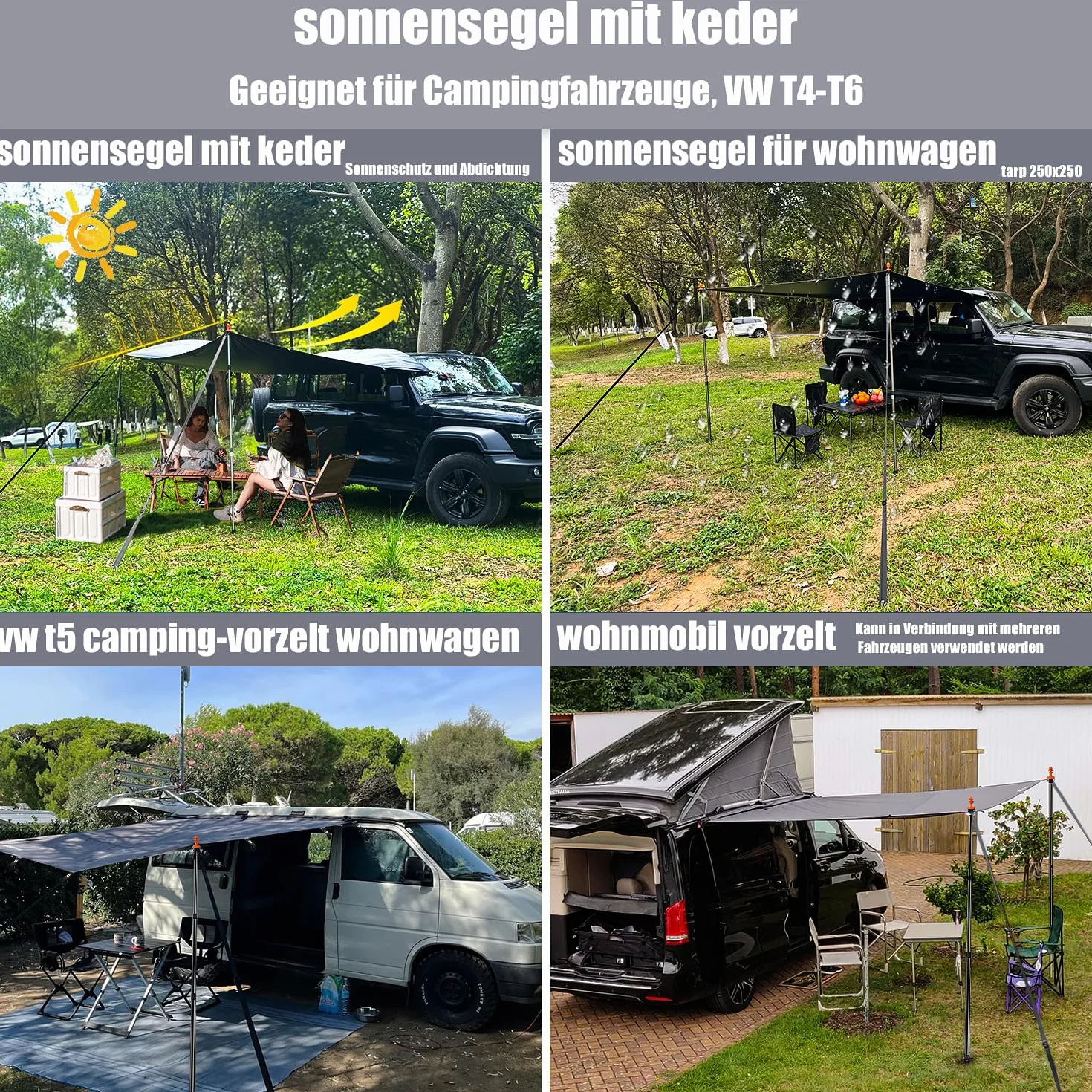 Żagiel przeciwsłoneczny z kederem, markiza samochodowa, V-w T5 kemping, żagiel przeciwsłoneczny keder, markizowy samochód, z szyną kedrową (4-6 mm), T4, T6, wodoodporny, odporny na działanie promieni