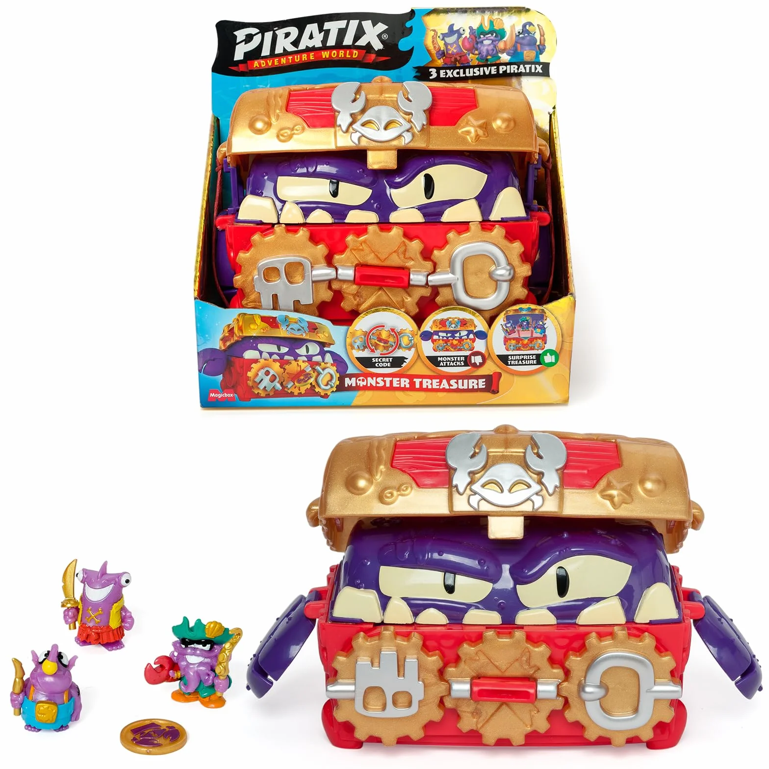 PIRATIX ADVENTURE WORLD Monster Treasure - skrzynia skarbów z ukrytym potworem w środku, w zestawie 1 skrzynia, 3 ekskluzywne piratix, 1 ekskluzywne skarby i 3 akcesoria