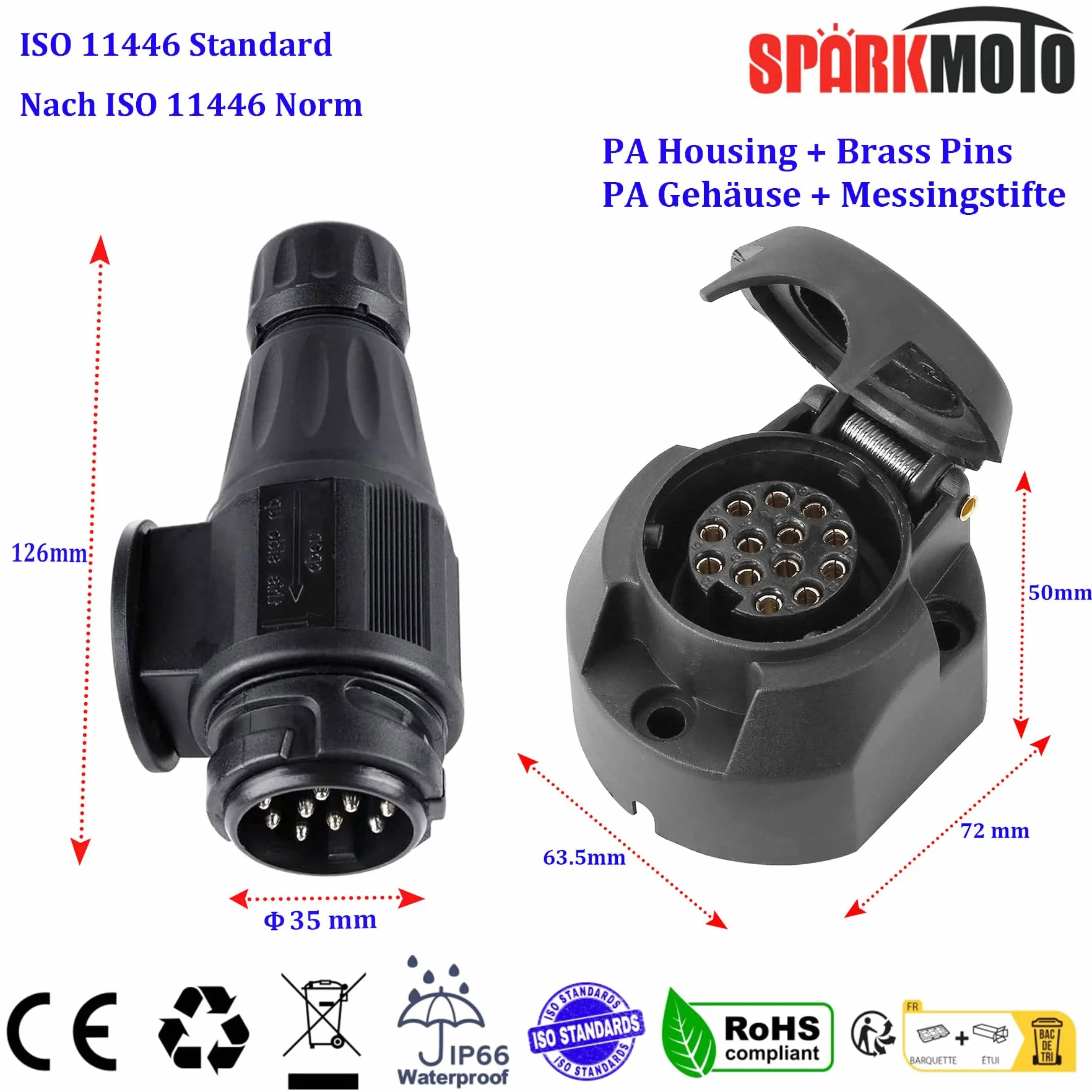 13-pinowa wtyczka i gniazdo do przyczepy, wodoszczelność 12 V, standard ISO 11446 (DIN 72570), nadaje się do samochodów, przyczep, przyczep kempingowych