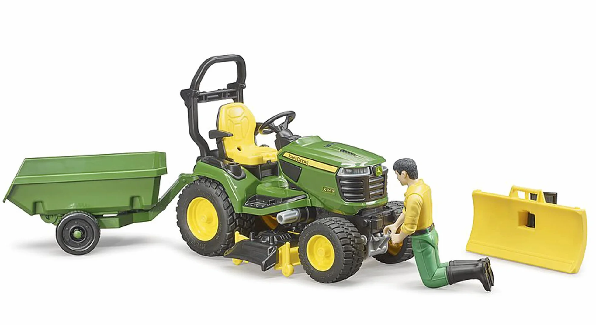 bruder 62104 - Bworld John Deere Traktor ogrodowy z przyczepą i ogrodnikiem - 1:16 Traktor, kosiarka, przyczepa, gospodarstwo, mężczyzna, zabawka figurkowa, pracownik, rolnik