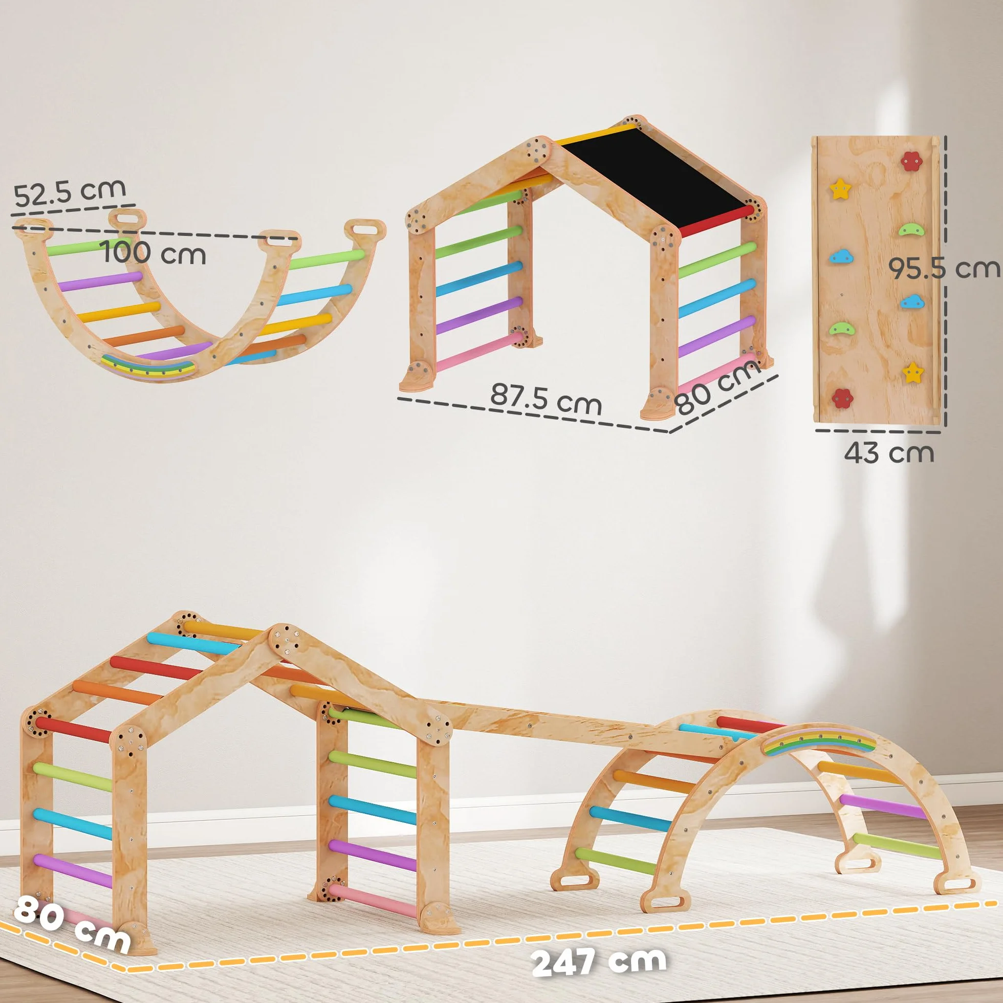 AIYAPLAY Climbing Frame for Toddlers Indoor Climbing Frame, 9 in 1 Wooden Baby Indoor Playground with Ramp, Slide, Arch, Ladder, Blackboard, Play Jungle Gym Climber for Kids 1.5-4 Years Old
