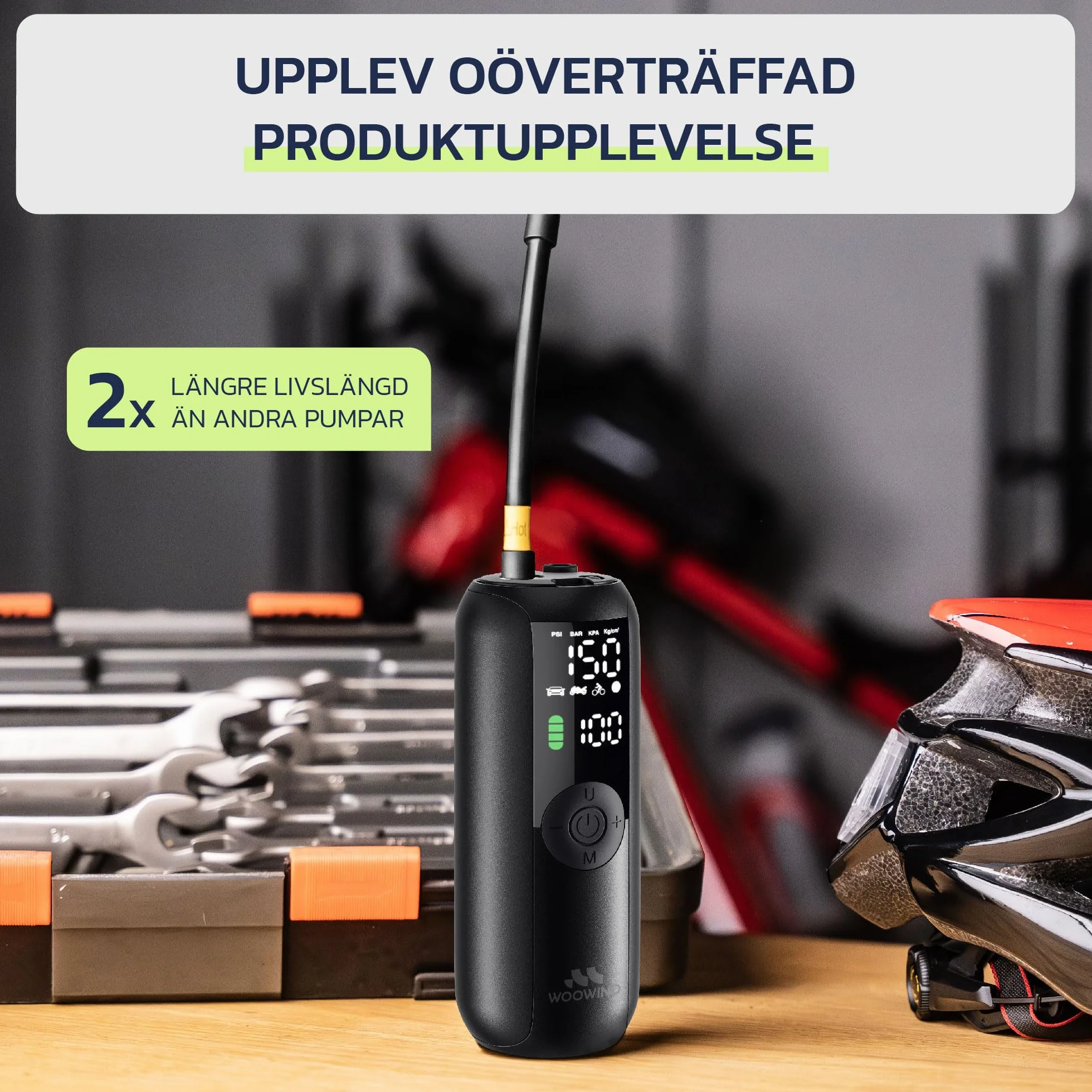 Woowind LP1 Przenośna Sprężarka Powietrza 150 PSI/10.3 BAR, Automatyczne Wyłączanie, Ładowanie USB, LED do Samochodów, Motocykli, Rowerów, Piłek, Adaptery Presta/Schrader
