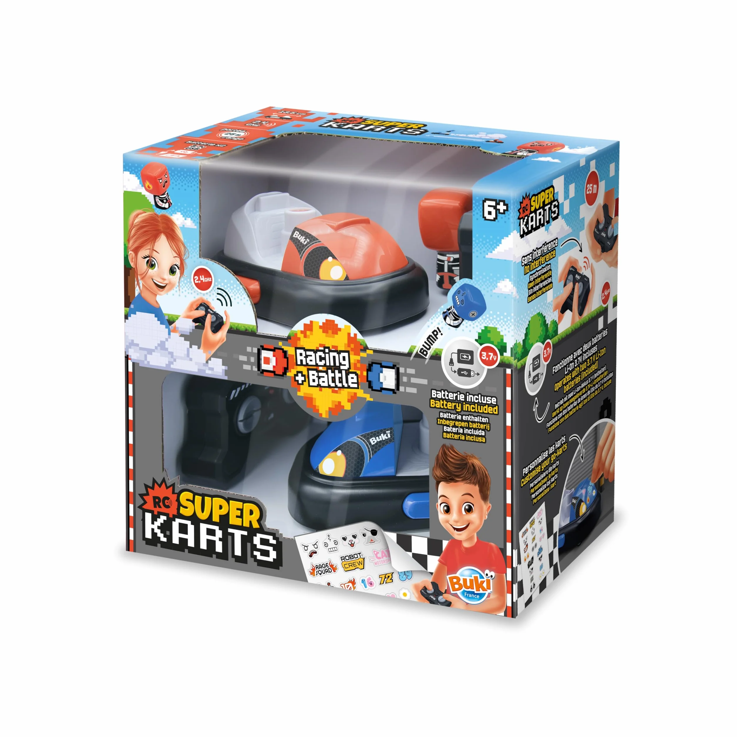 Zdalnie sterowane Super Gokarty - Zestaw 2 samochodów RC z trybami wyścigów i bitwy - Gokarty z możliwością ładowania USB + naklejki z możliwością personalizacji - zabawka dla dzieci 6 lat + - 37296