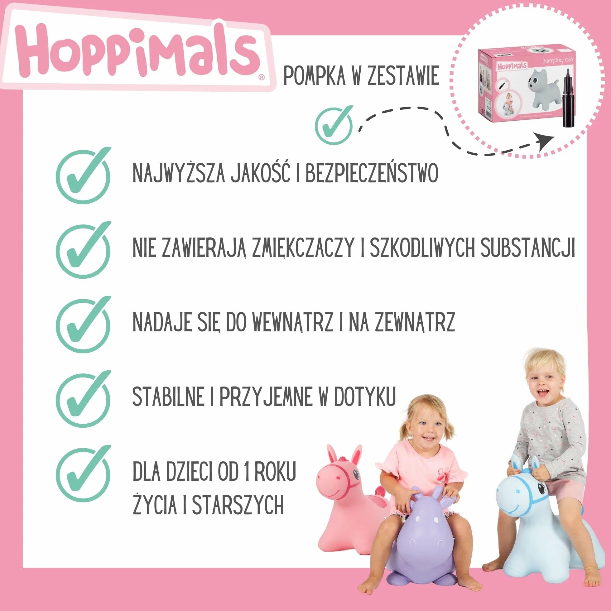 Gumowy Skoczek dla Dzieci - Nadmuchiwana Zabawka do Skakania - KOTEK Szary T-TFF-NN162 - Pompka i Kartonik w Zestawie - Dla Dzieci już od 1 Roku Życia - Idealny Prezent na Roczek