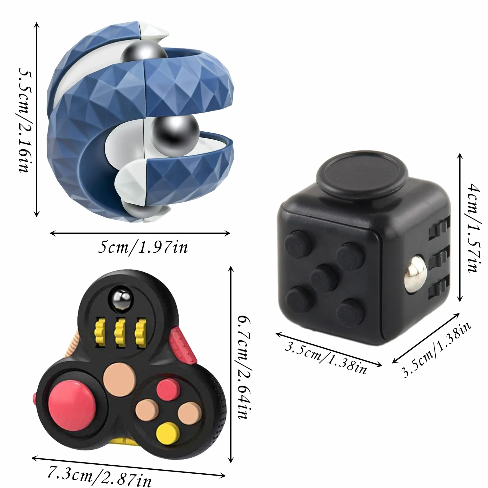 Fidget Cube zestaw 3 zabawek antystresowych, redukujące stres w przypadku nerwowości, obrotowa kula orbitowa do interaktywnych zabawek, kontroler, ADD, ADHD, autyzm, dla dzieci z autyzmem ADD, ADHD,