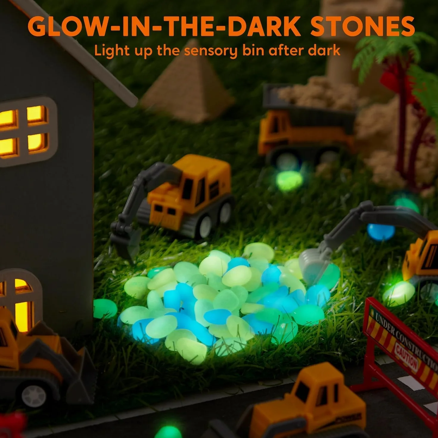 Klever Kits Construction Sensory Bin for Toddlers with Glow in The Dark Stones, Sandbox with Lid Castle Building kit, Preschool Learning Activities Gifts for Boys Girls Age 3+ by JOVA