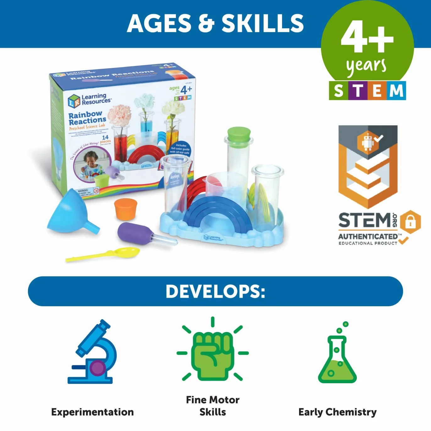 Learning Resources Zestaw Tęczowe Reakcje Przedszkolne Laboratorium Naukowe, Od 4 lat, Naukowe eksperymenty mieszania kolorów dla dzieci, Zabawki STEM dla dzieci, 14 elementów