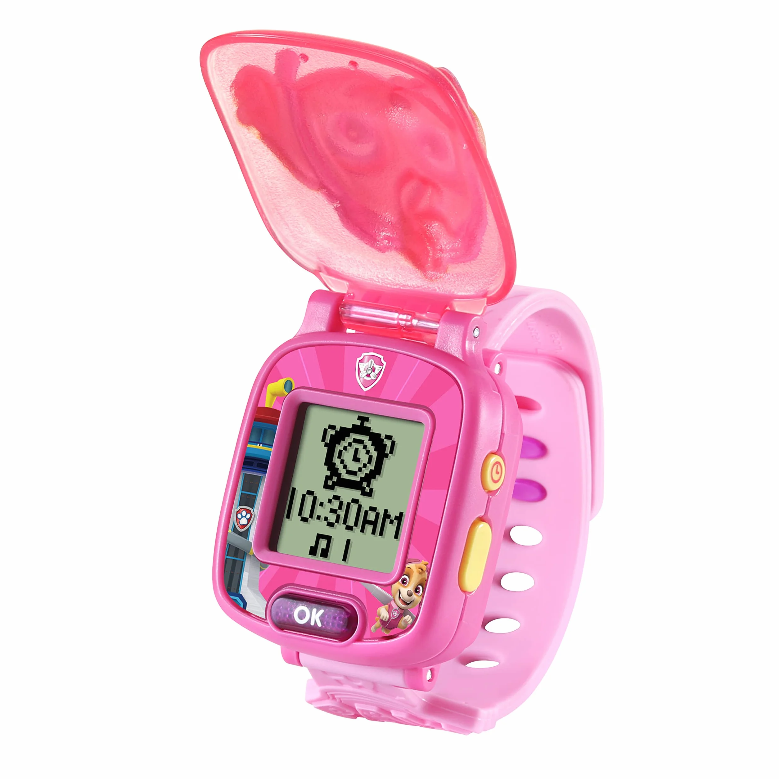 VTech - Psi Patrol, interaktywny zegarek do gier Stelli, zegarek dla dzieci z klapką z animowanym ekranem, miękki pasek, 12 tarczy, 4 gry, prezent dla dzieci w wieku od 3 lat do 7 lat - Zawartość w