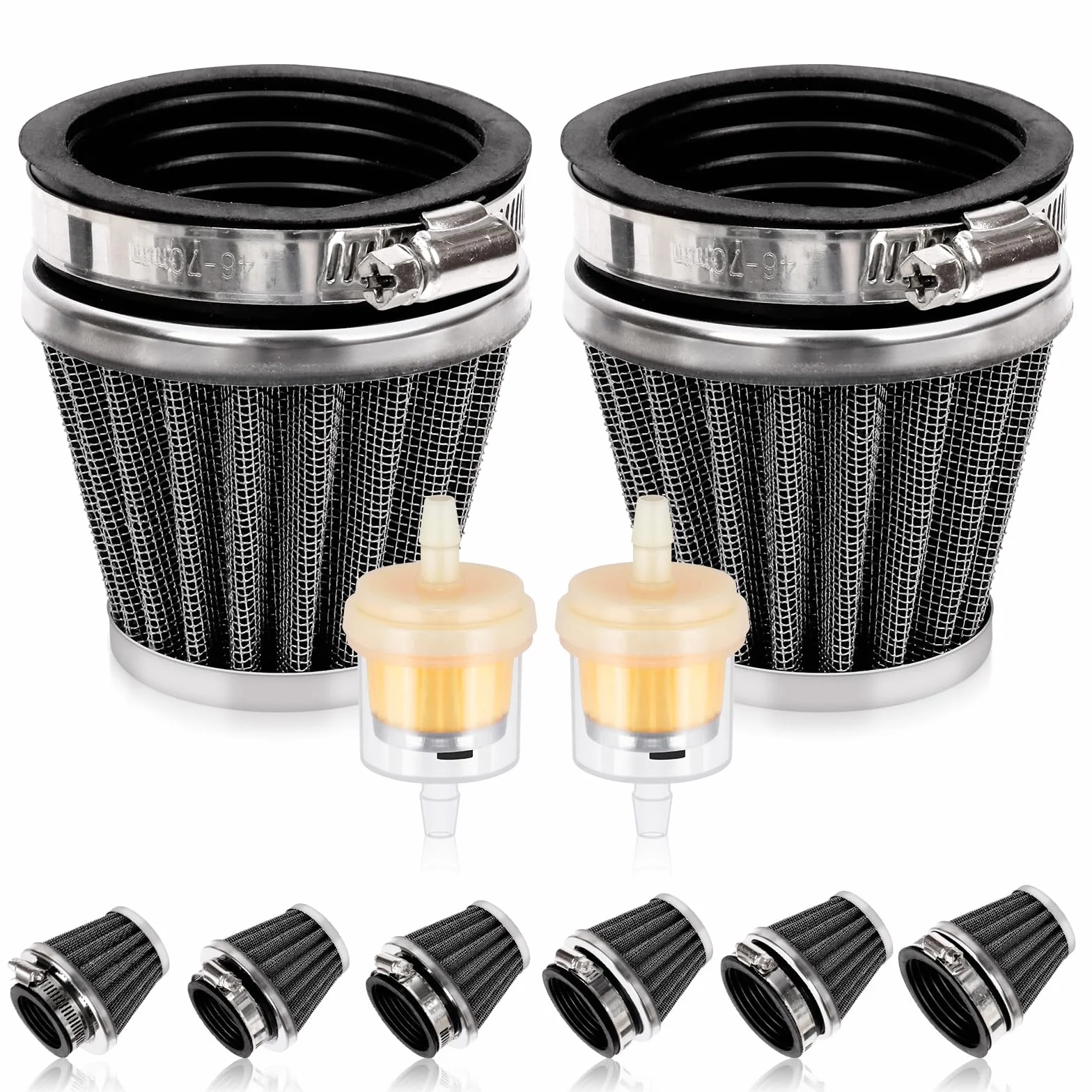 Swpeet Filtr powietrza motocyklowego 60 mm z 2 szt. wymiennych filtrów paliwa, uniwersalny stożkowy odkurzacz wlotowy, zamiennik do 50 cm³, 110 cm³, 125 cm³, 150 cm³, 200 cm³, ATV, Dirt Bike, Scooter