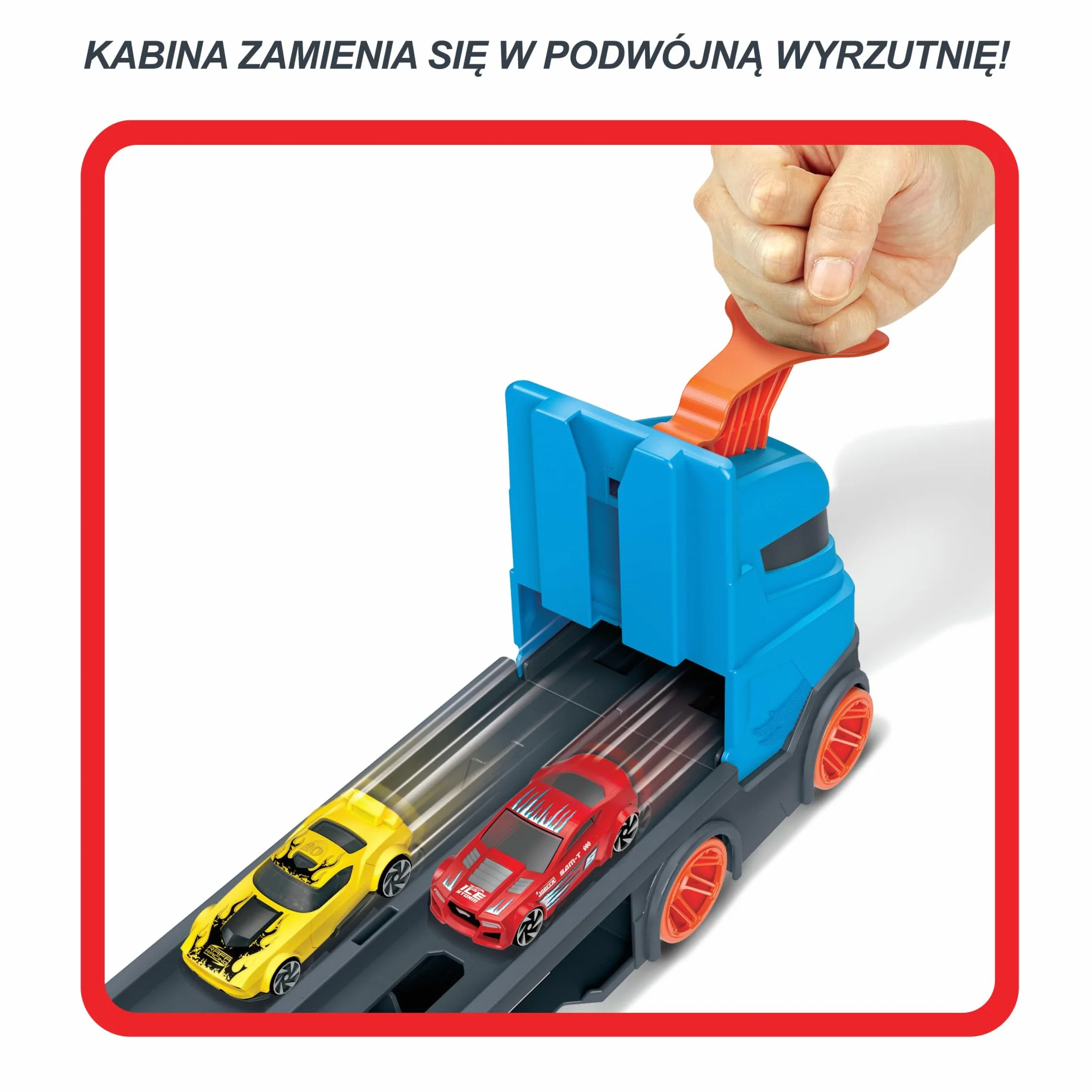 Hot Wheels - Wyścigowy transporter 2w1 z 3 samochodzikami w skali 1:64 i rozkładanym torem wyścigowym o długości 1,8 m oraz miejscem na 20 pojazdów; dla dzieci w wieku od 4 do 8 lat, HGH33