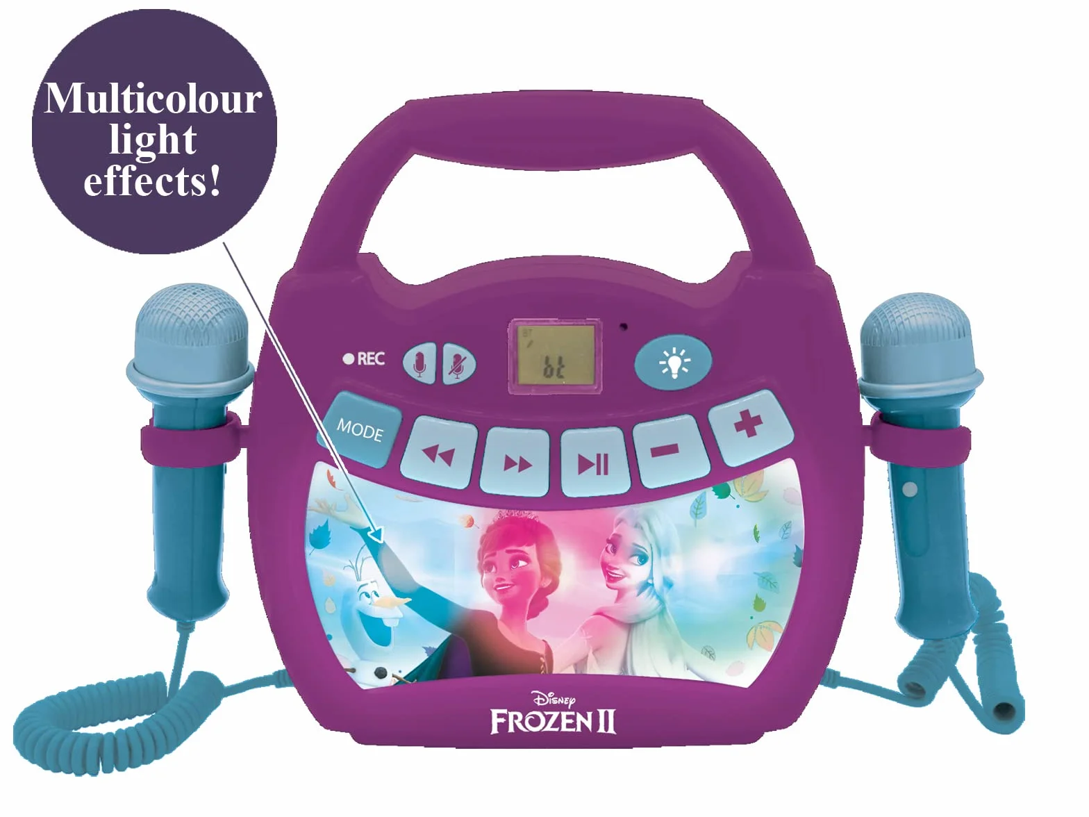 Lexibook, Frozen, Przenośny Odtwarzacz Cyfrowy Karaoke dla Dzieci, Mikrofony, Efekty Świetlne, Bluetooth, Funkcje Nagrywania i Zmiany Głosu, Fioletowy, MP320FZZ