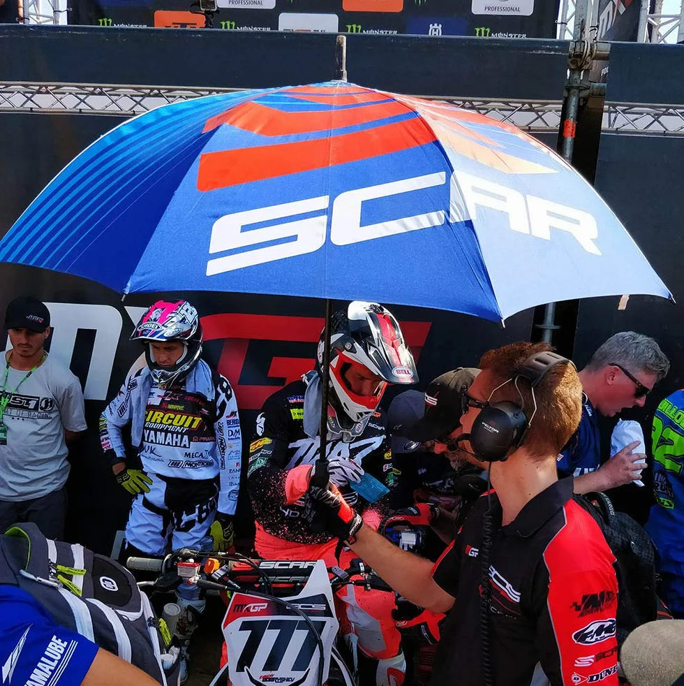 Parasol motocyklowy Cross Replica Team MX GP SX Supercross Enduro Supermotard Niebieski Biały Czerwony Grand