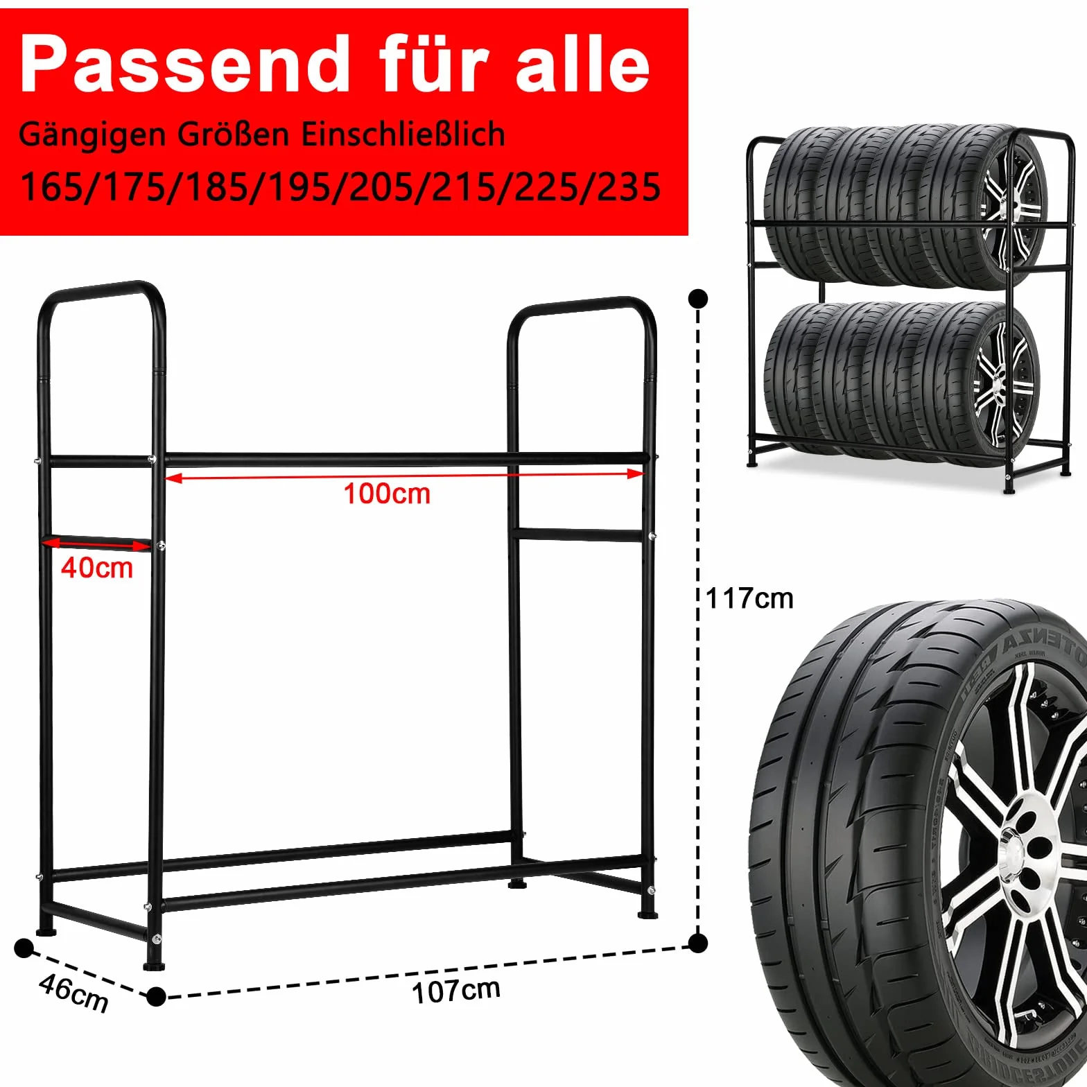 Lospitch Stojak na opony 8 opon 107x46x117 cm malowany proszkowo metalowa półka warsztatowa