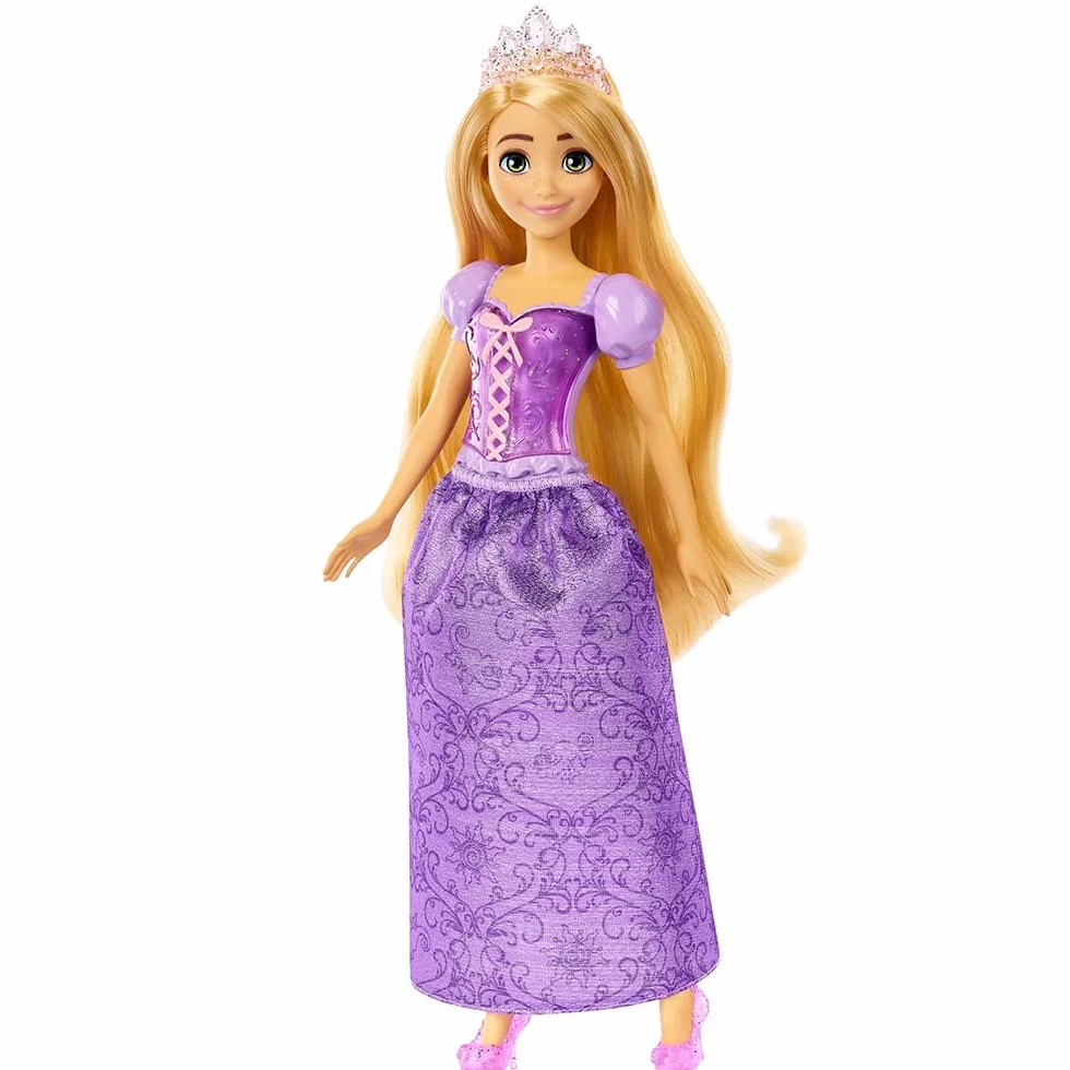 Mattel Disney Księżniczka Disneya Roszpunka Lalka z punktami zgięcia, błyszczącym ubrankiem i akcesoriami inspirowanymi filmem Disneya, prezent dla dzieci HLW03