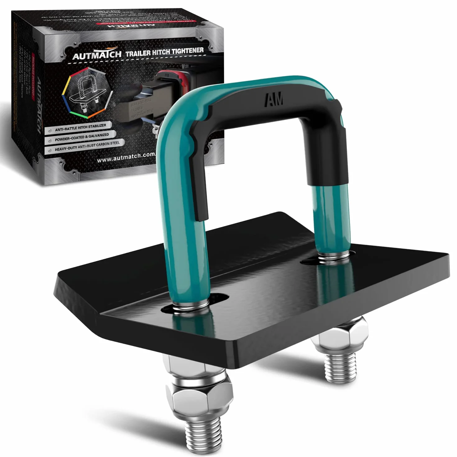 AUTMATCH Zacisk antygrzechotkowy, wytrzymały stalowy stabilizator do haków holowniczych 1,25 i 5 cm, antykorozyjna podwójna powłoka, turkusowa i czarna