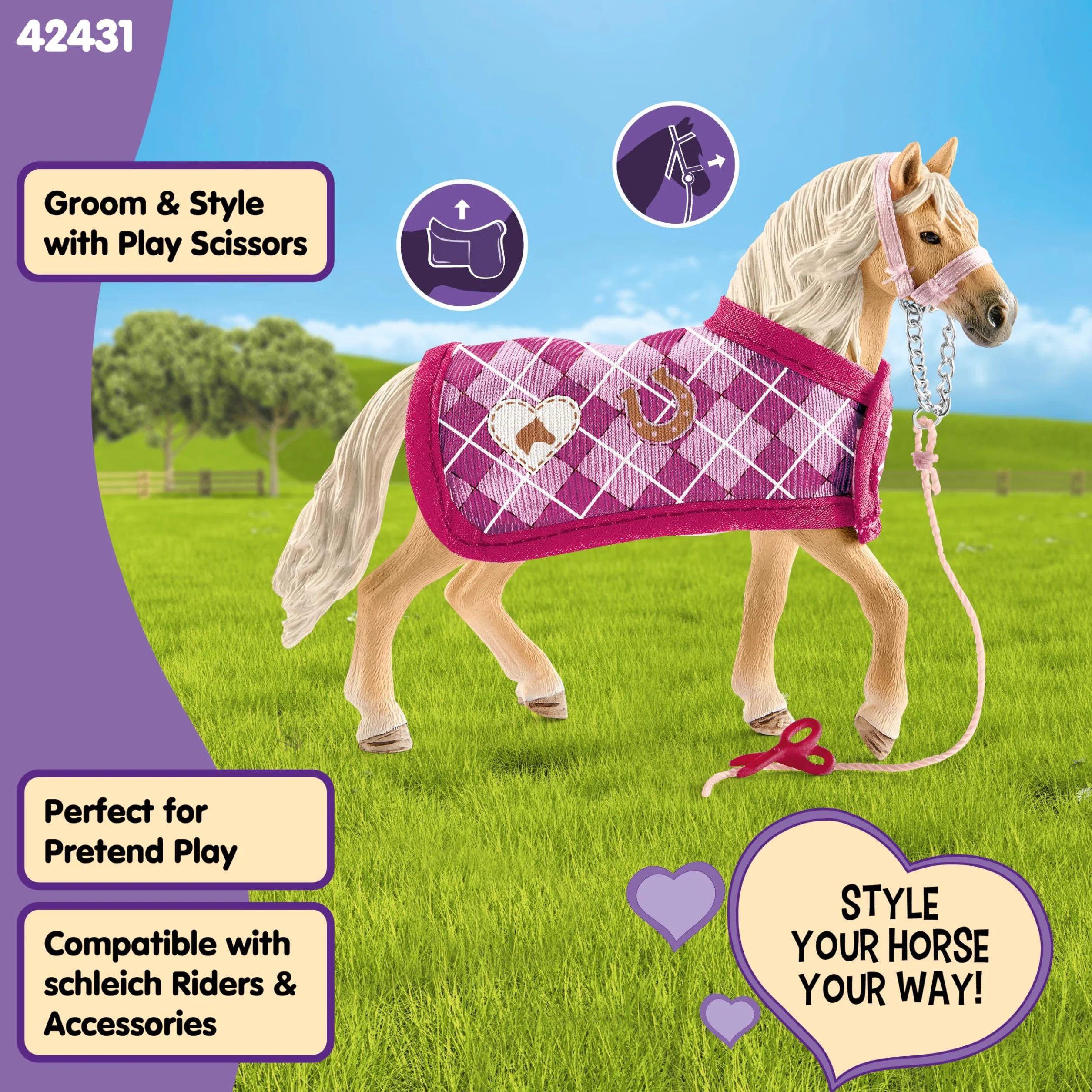 schleich HORSE CLUB | Modne akcesoria dla koni Sofii 42431 | zestaw z koniem, derką, uwiązem i nożyczkami | kreatywny prezent dla dziewczynek i chłopców | zabawka od 5 lat | 4 elementy