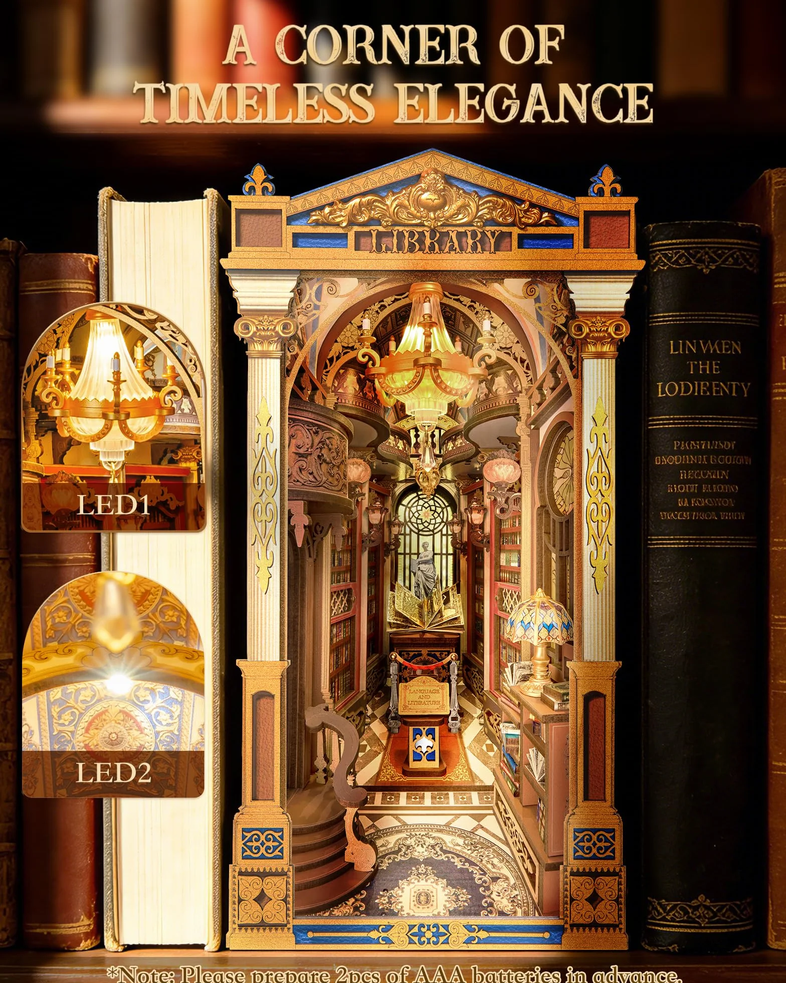 Rolife Book Nook Miniaturowy dom dla dorosłych, biblioteka cudów, puzzle 3D z drzwiami zamykanymi, zestaw dioram do narożnej półki na książki, wyjątkowy prezent na Boże Narodzenie i urodziny