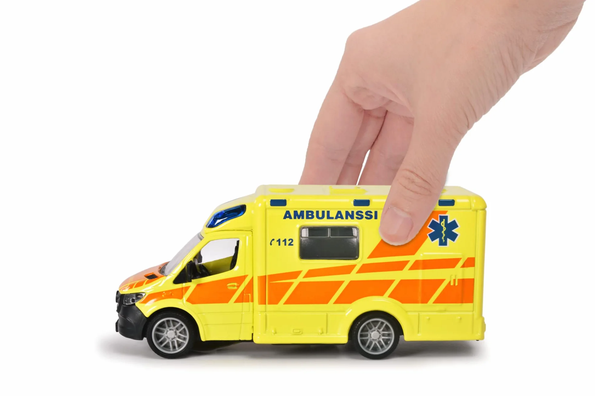 Majorette 213712001019 - Grand Series - Mercedes-Benz Sprinter Fiński Ambulans - Karetka pogotowia fińskiego modelu z Wolnobiegiem, Metal, Lekki, Dźwięk, Miękkie gumowe opony, 12,5 cm, 1:43, Od 3 lat,
