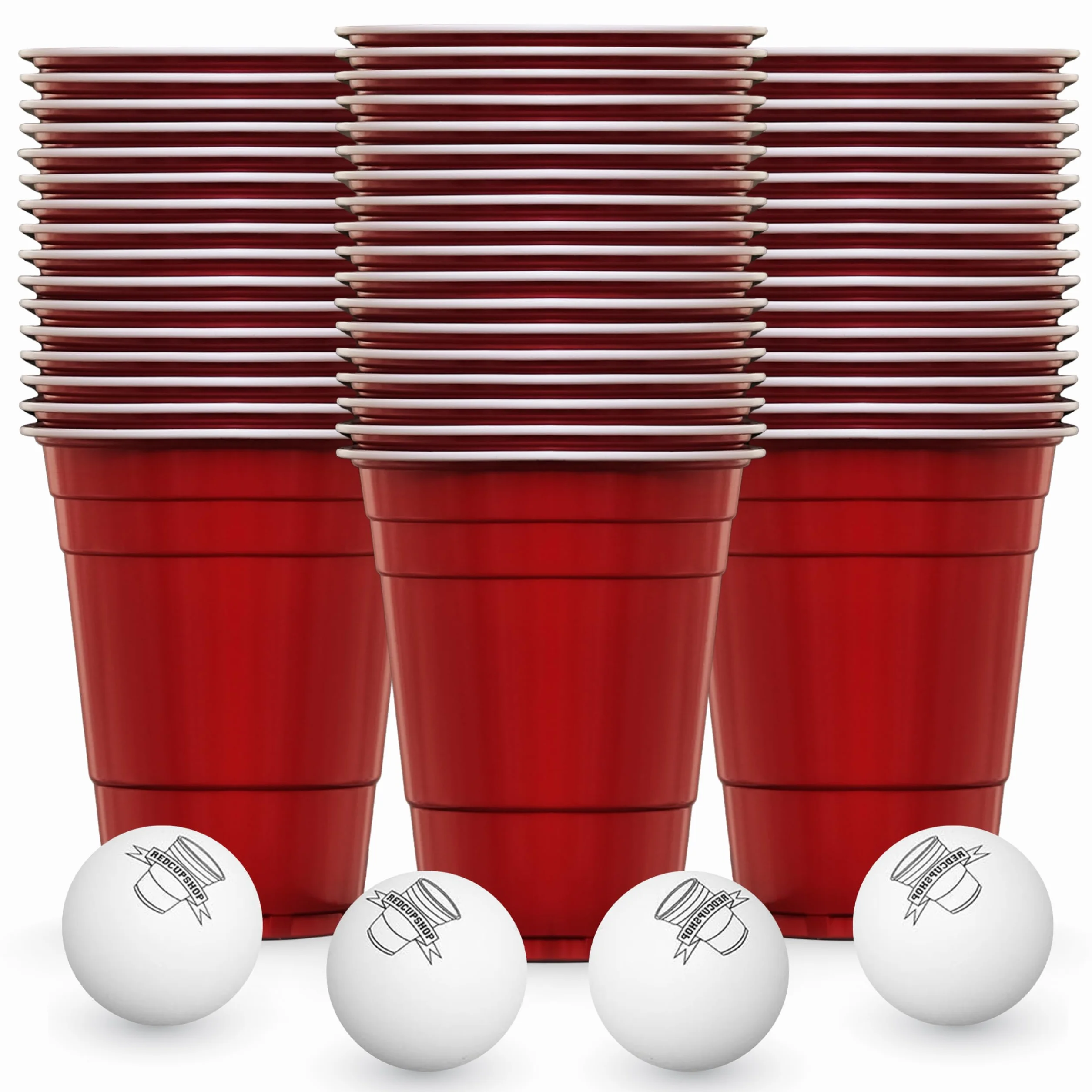 Zestaw kubków RedCupShop® do gry w Beer Pong | 50 czerwonych kubków (473 ml/16 uncji) + 4 piłeczki | Wielokrotnego użytku i odporne na zmywarkę | Czerwone kubki na imprezę do gier i zabaw