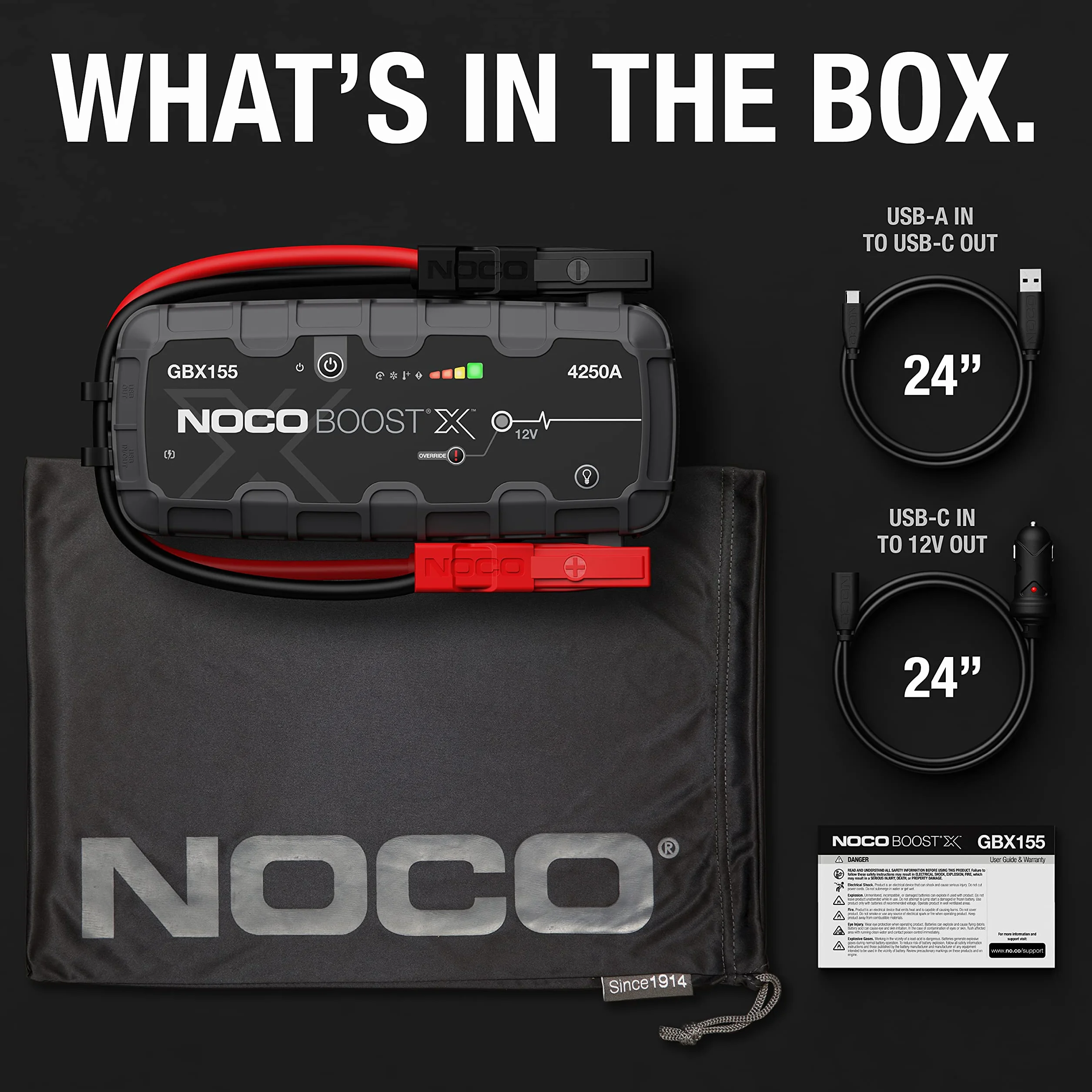NOCO Boost X GBX155 4250A 12V UltraSafe Litowe Urządzenie Rozruchowe, Booster do Akumulatora i Kable Rozruchowe do 10,0 Litrowych Silników Benzynowych i 8,0 Litrowych Silników Wysokoprężnych
